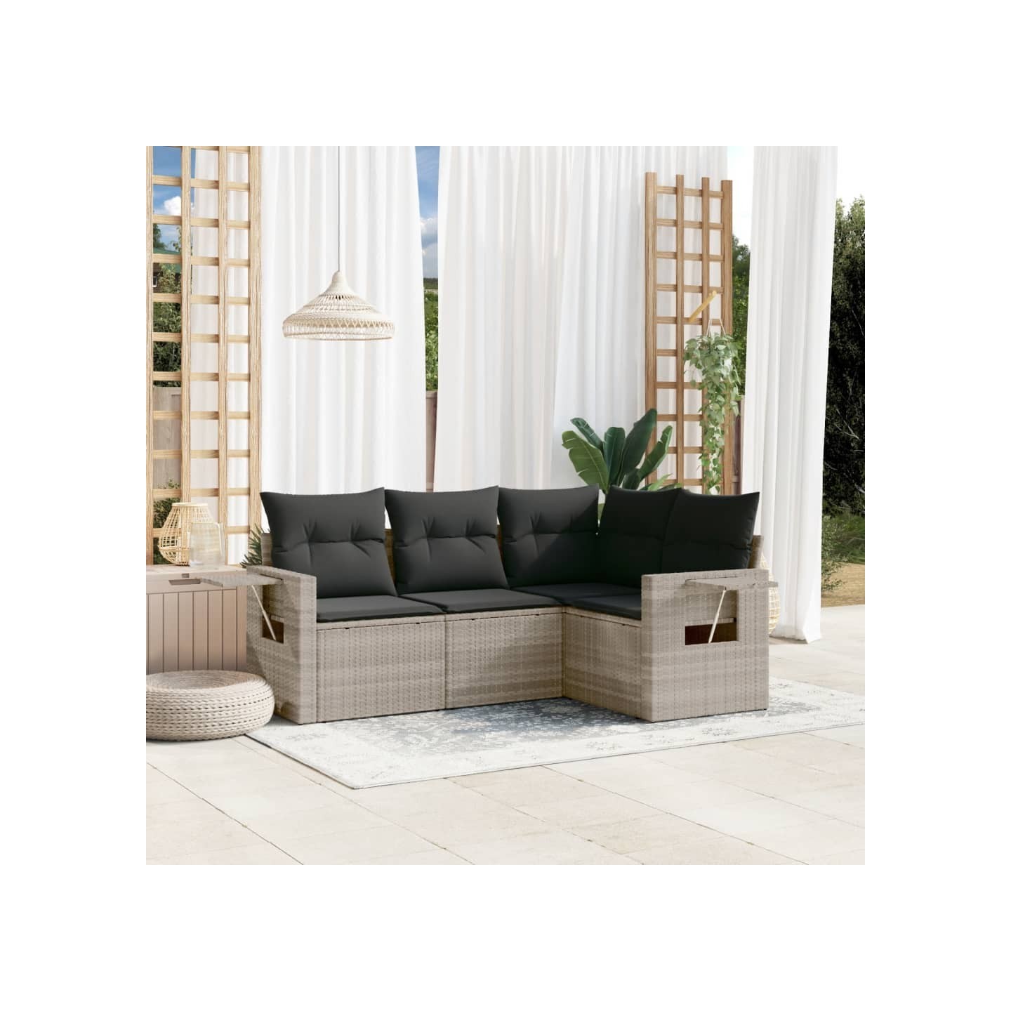 Salon de jardin 4 pcs avec coussins gris clair résine tressée