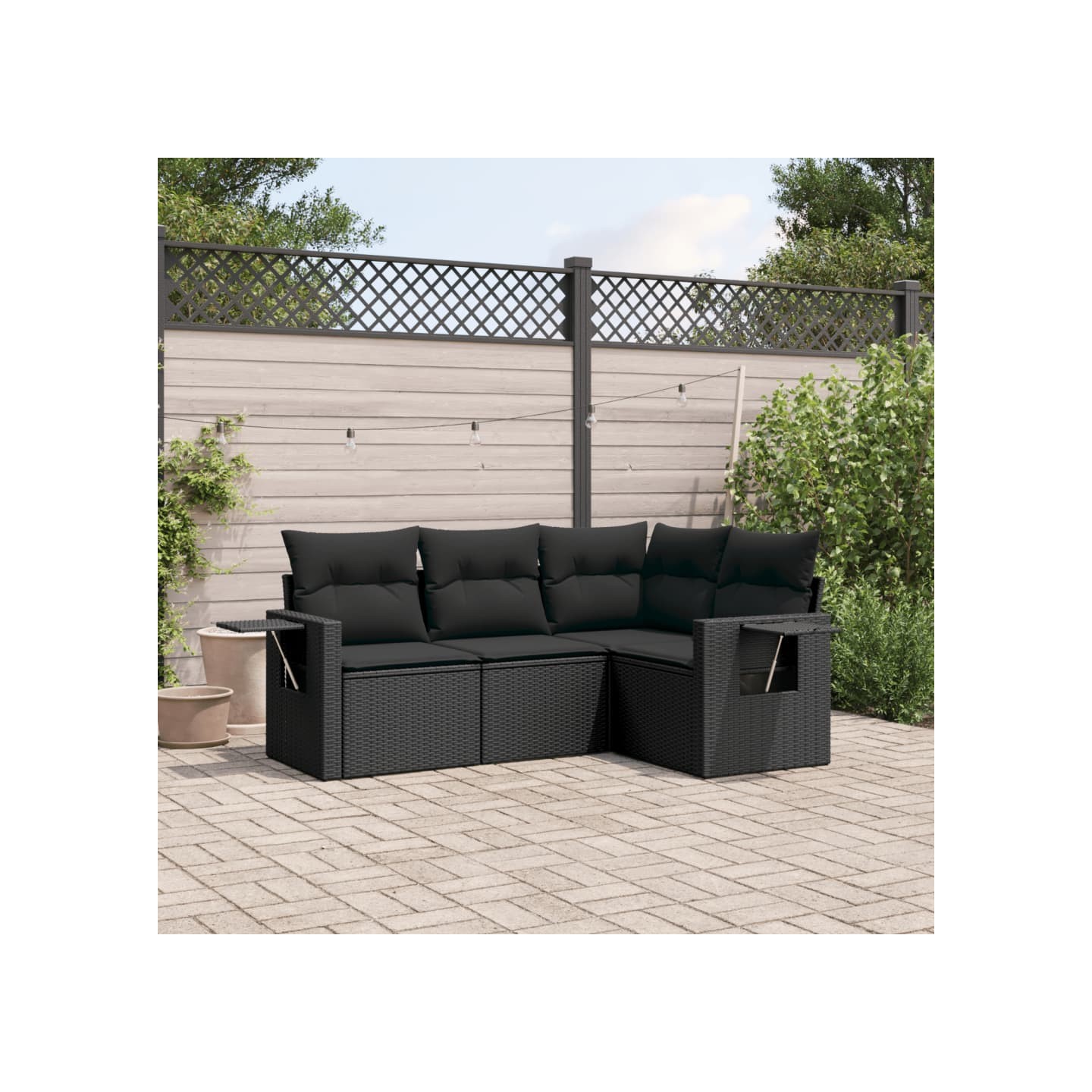 Salon de jardin 4 pcs avec coussins noir résine tressée