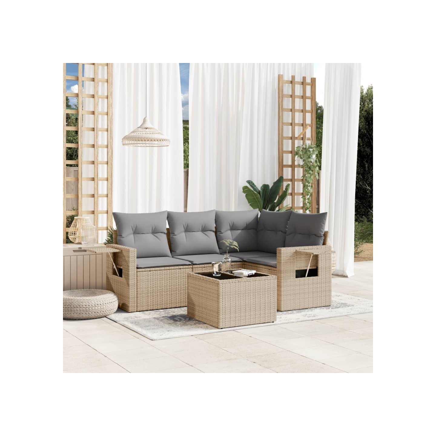 Salon de jardin avec coussins 5 pcs beige résine tressée