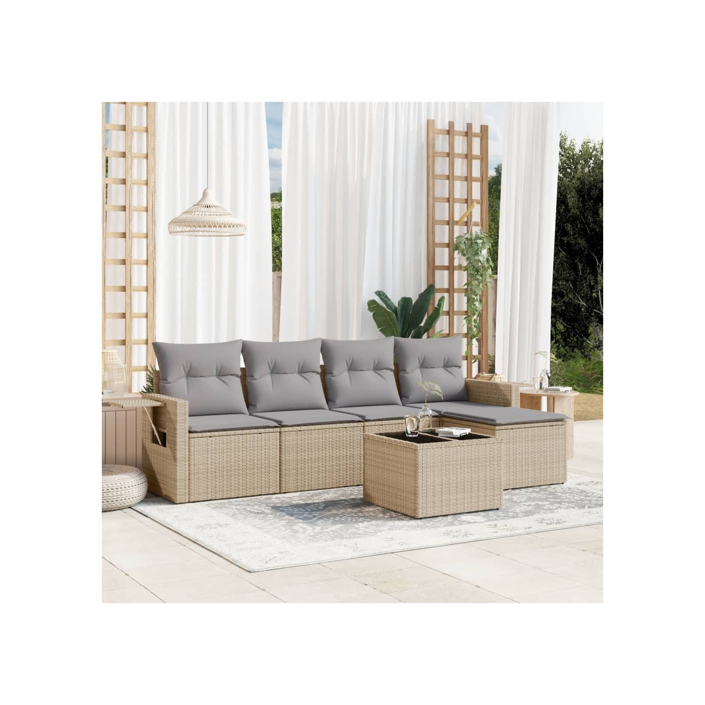 Salon de jardin avec coussins 6 pcs beige résine tressée