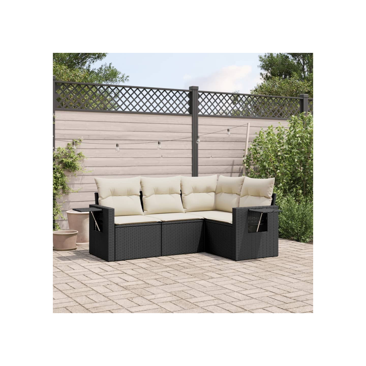 Salon de jardin 4 pcs avec coussins noir résine tressée