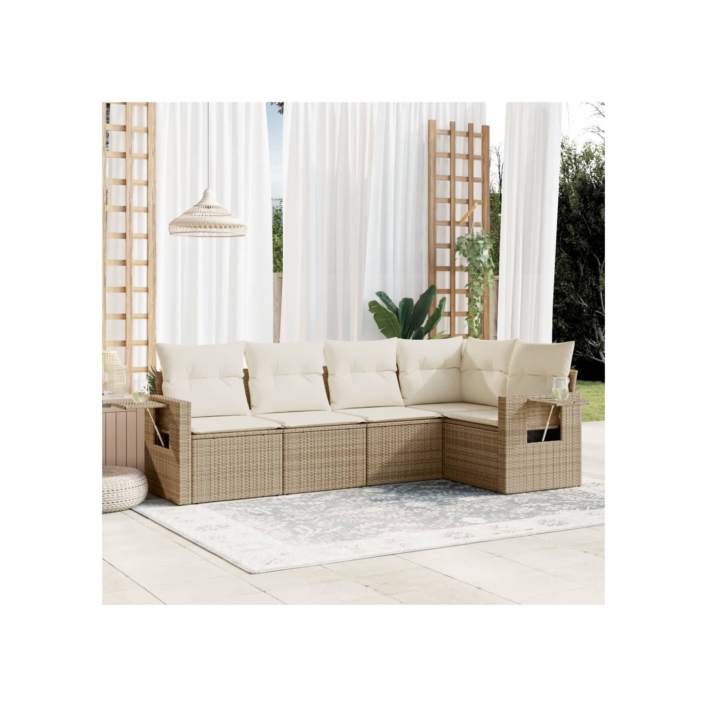 Salon de jardin avec coussins 5 pcs beige résine tressée