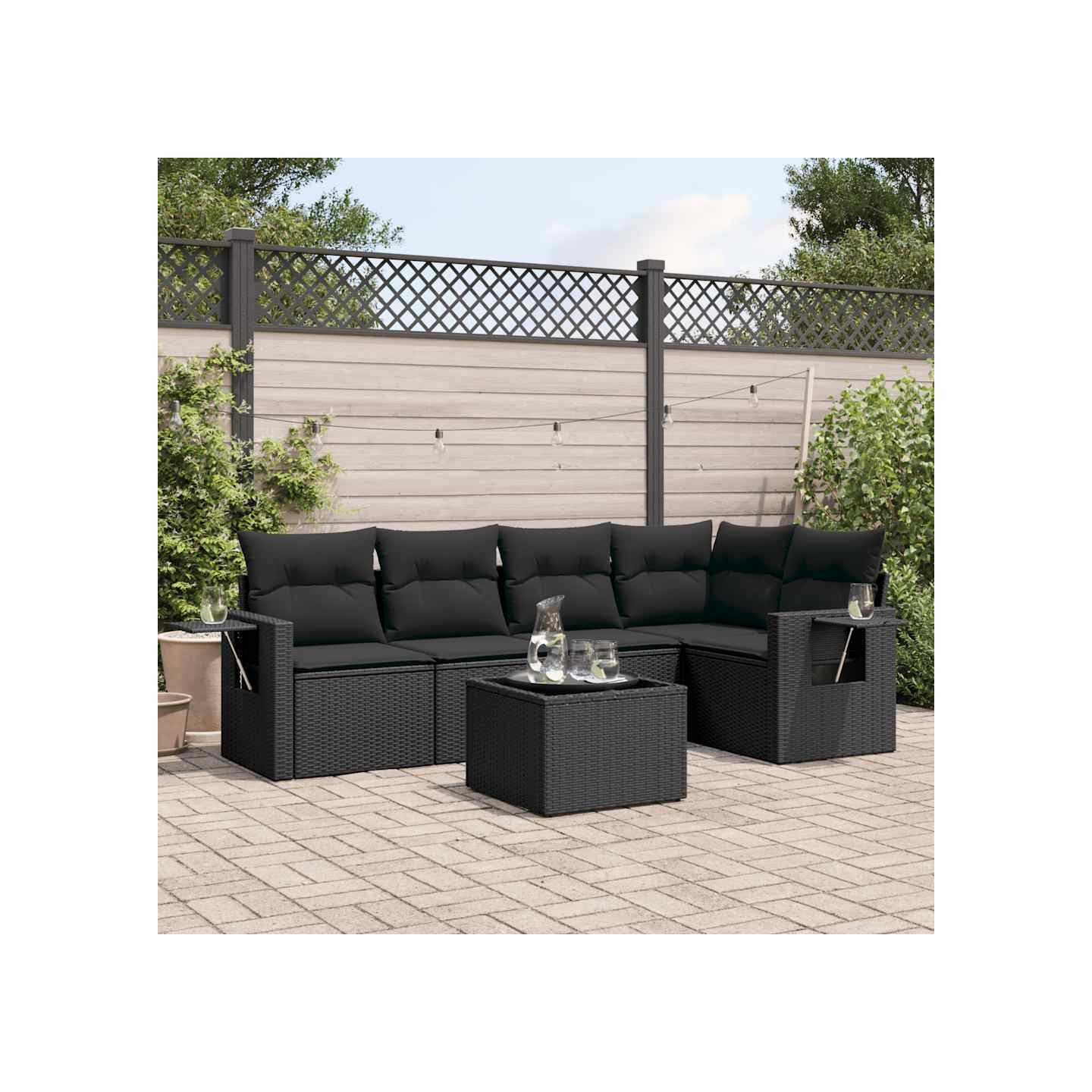 Salon de jardin 6 pcs avec coussins noir résine tressée