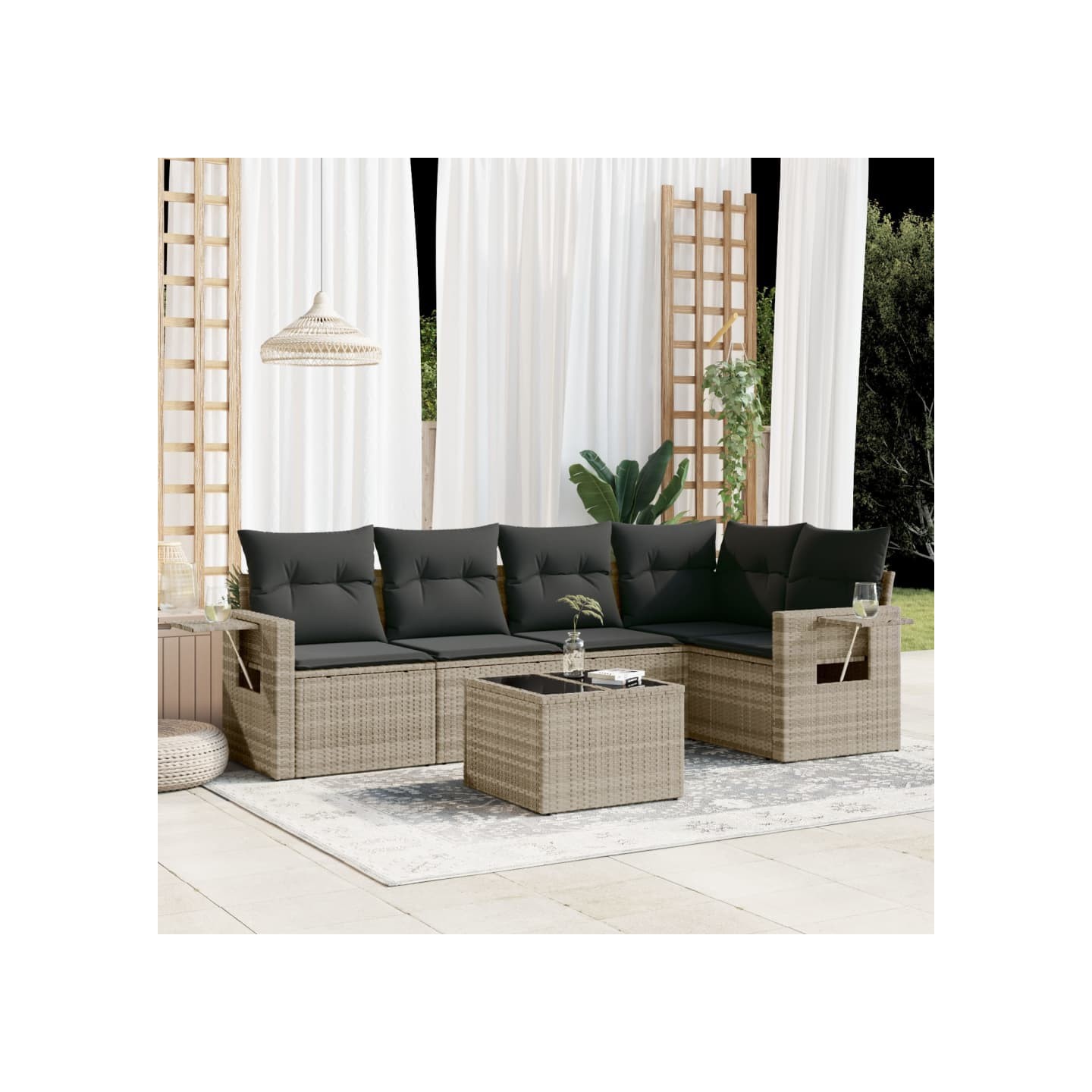 Salon de jardin 6 pcs avec coussins gris clair résine tressée