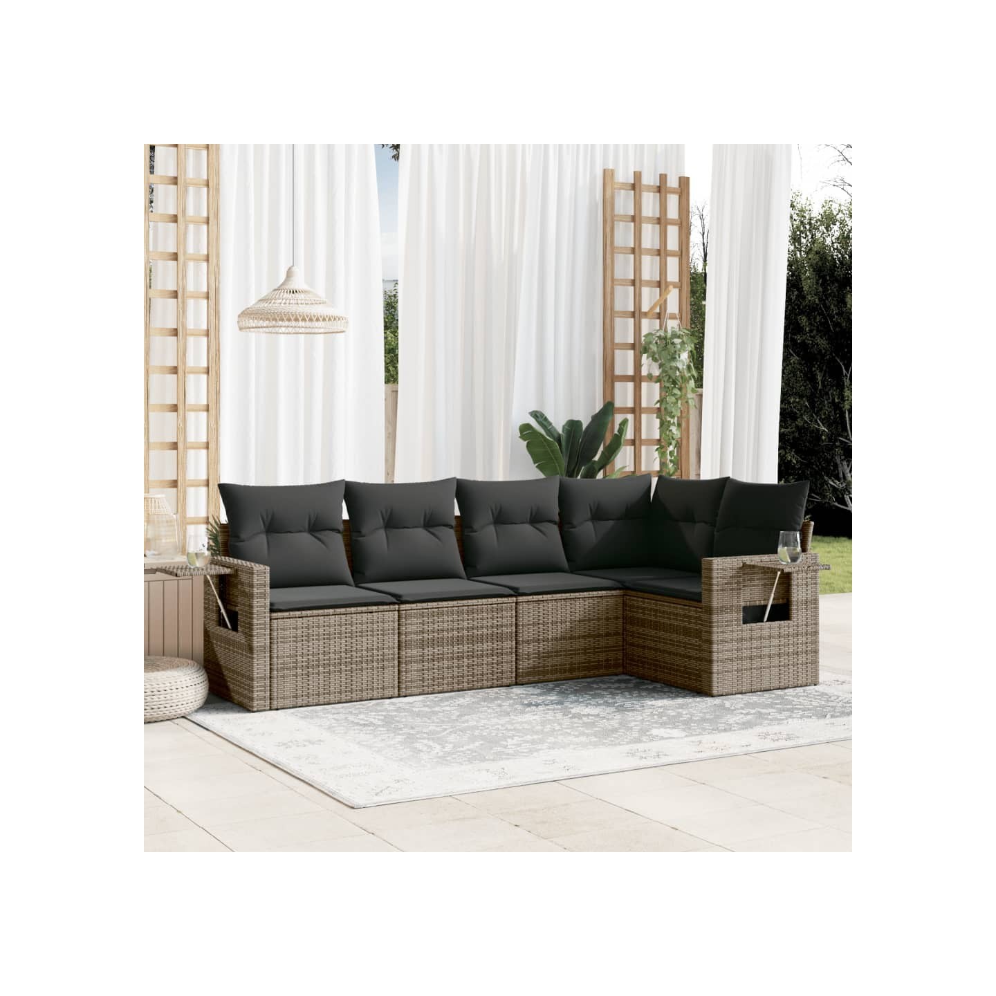 Salon de jardin 5 pcs avec coussins gris résine tressée