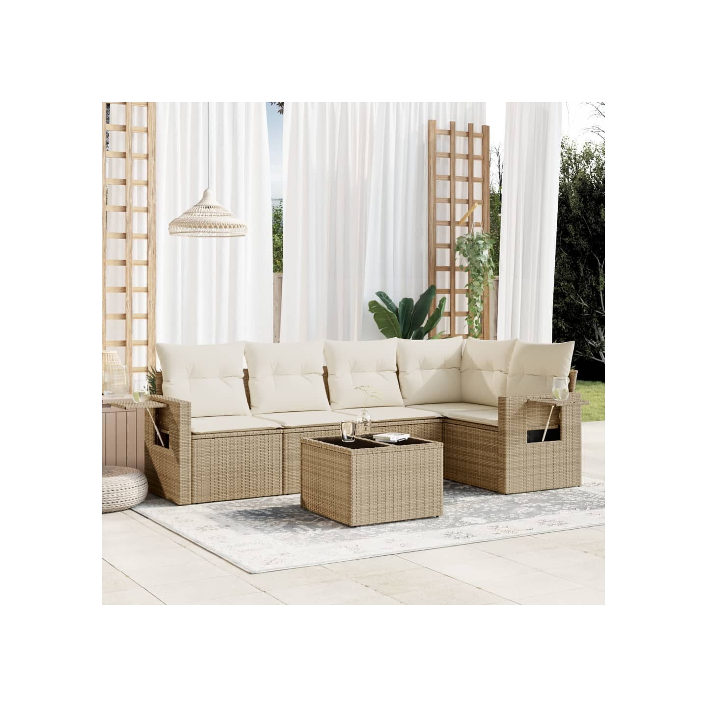 Salon de jardin avec coussins 6 pcs beige résine tressée