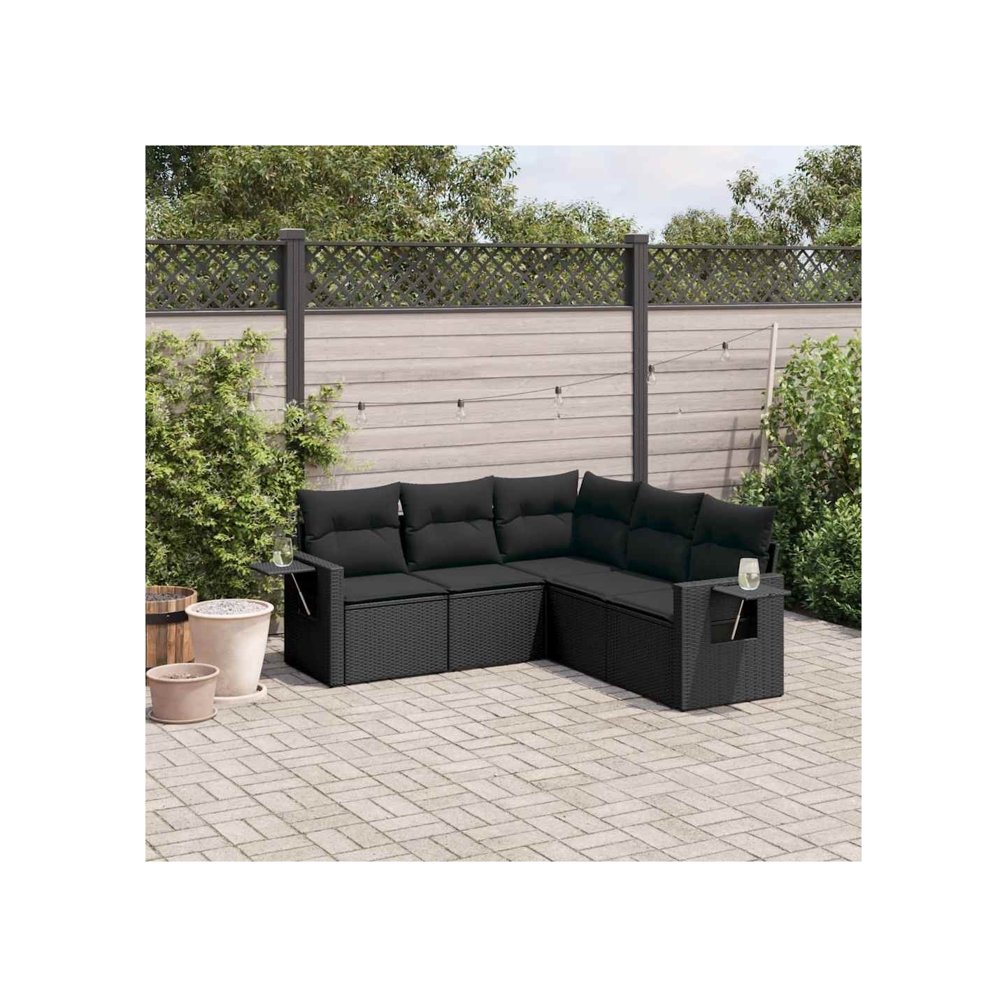 Salon de jardin 5 pcs avec coussins noir résine tressée