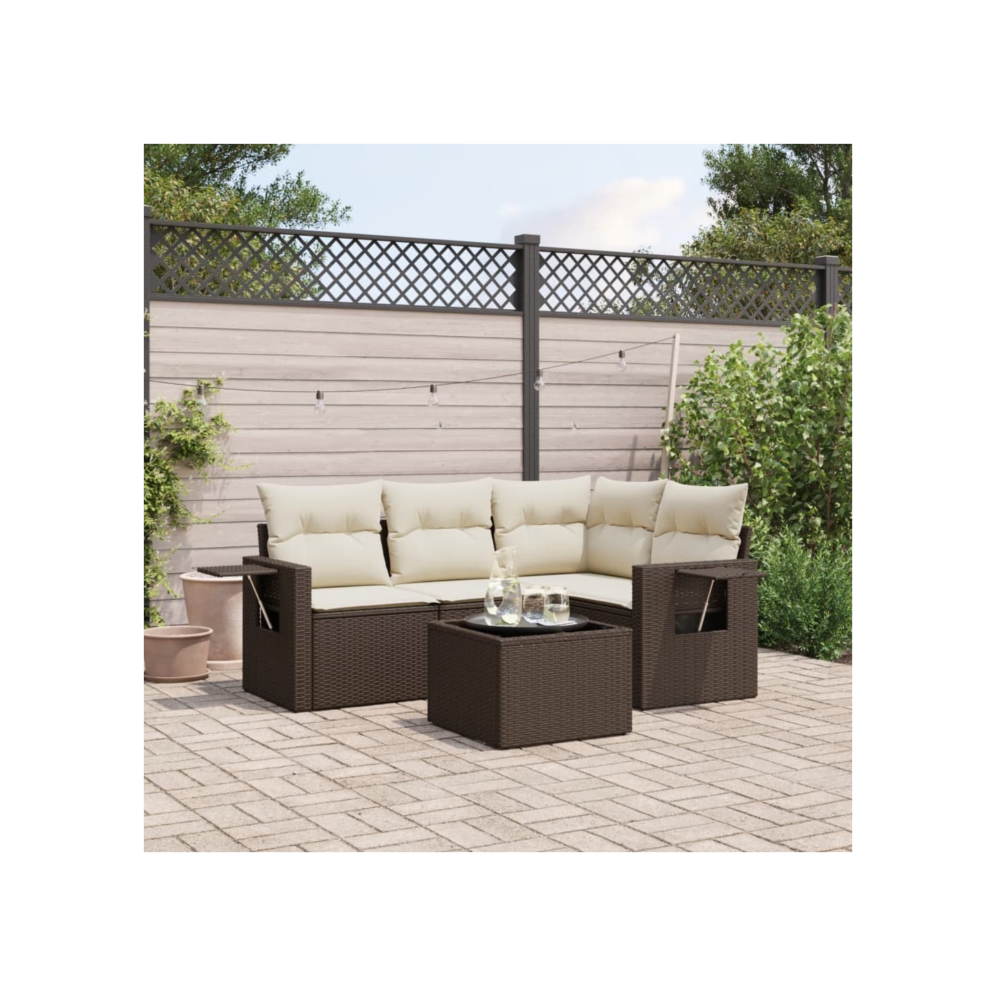 Salon de jardin avec coussins 5 pcs marron résine tressée
