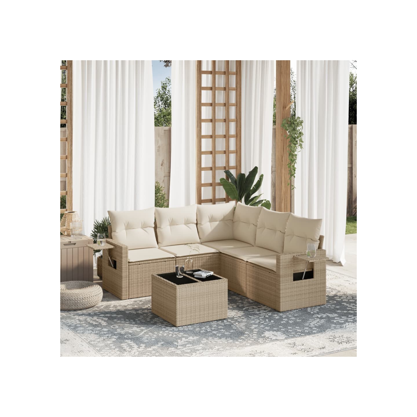 Salon de jardin avec coussins 6 pcs beige résine tressée