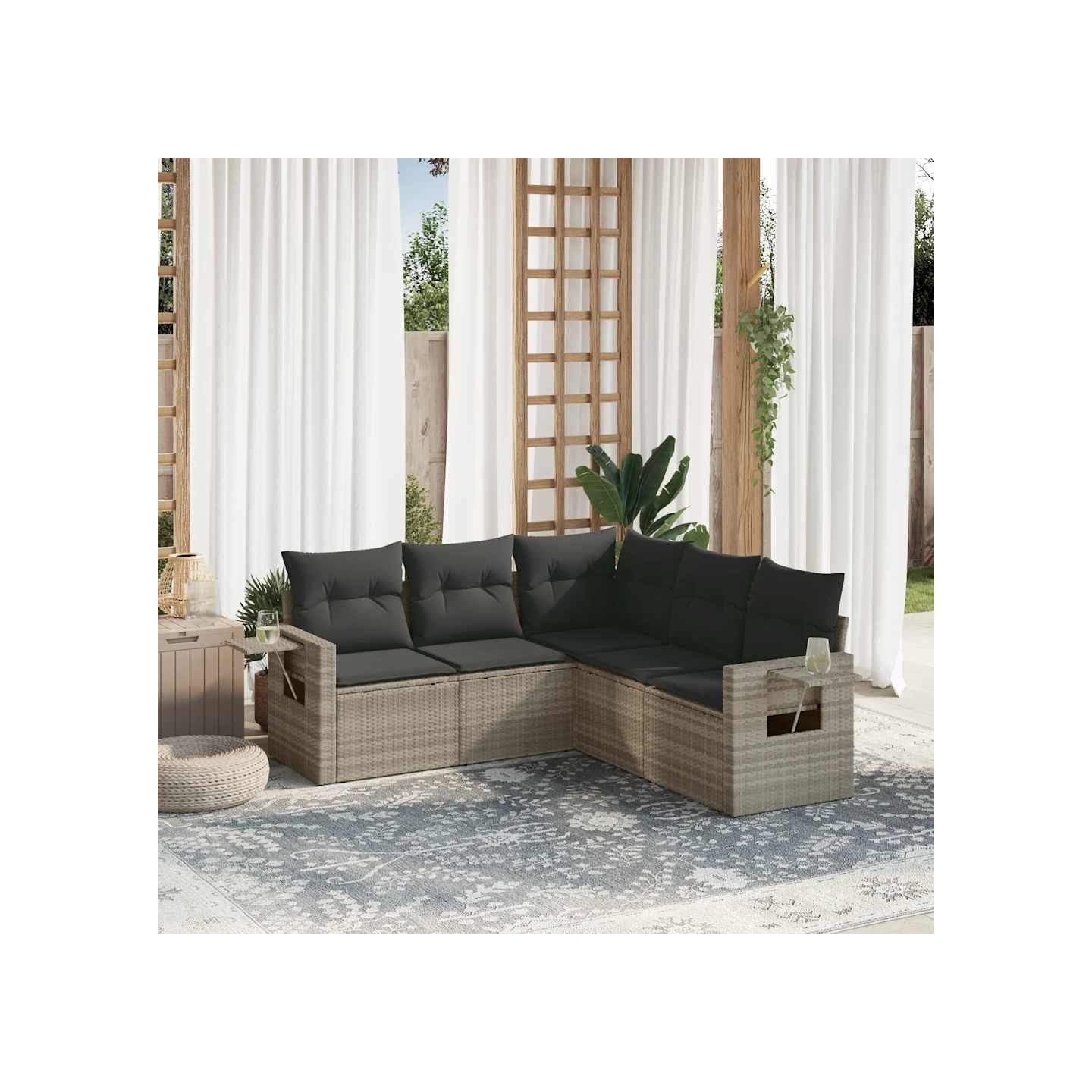Salon de jardin 5 pcs avec coussins gris clair résine tressée