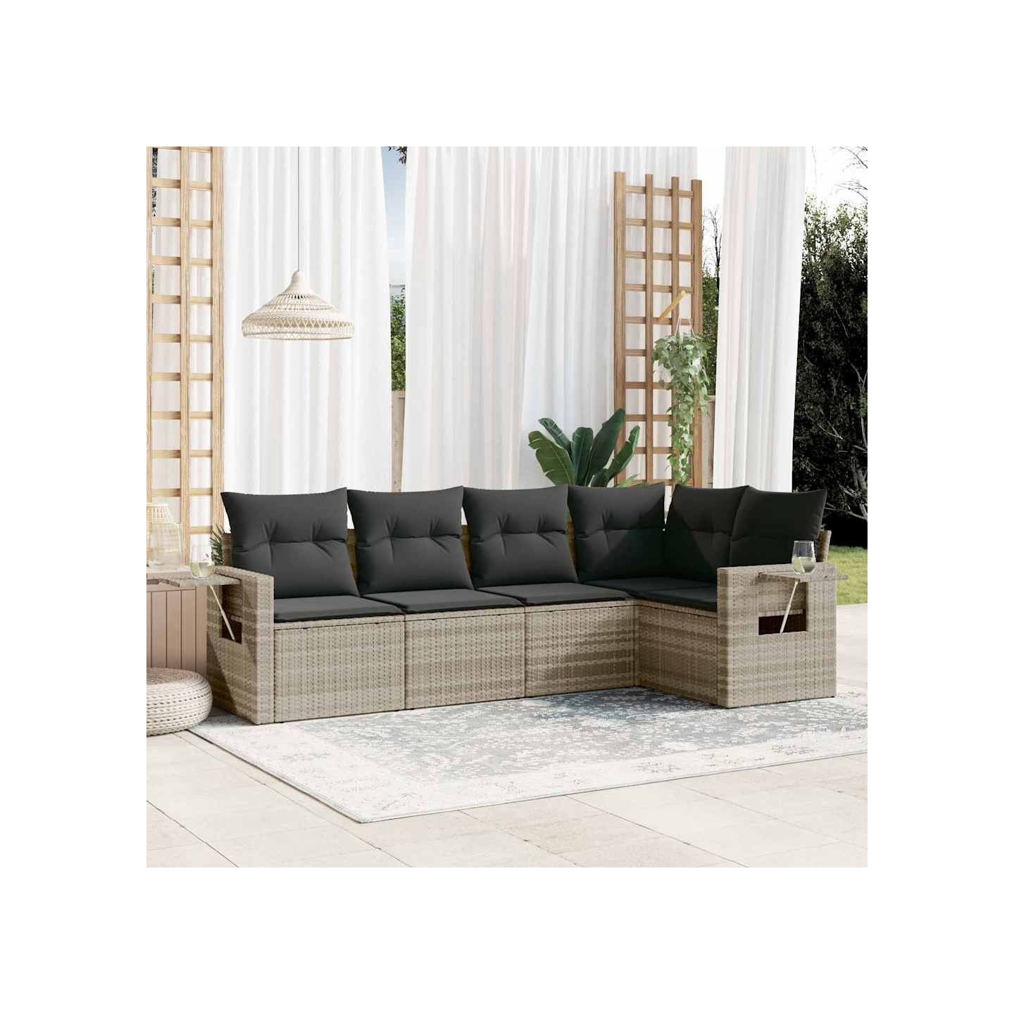 Salon de jardin 5 pcs avec coussins gris clair résine tressée