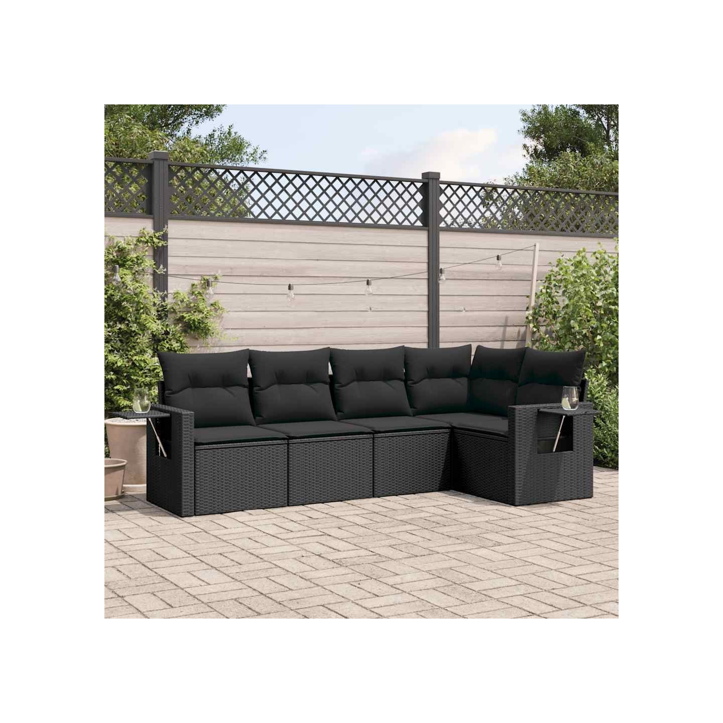 Salon de jardin 5 pcs avec coussins noir résine tressée