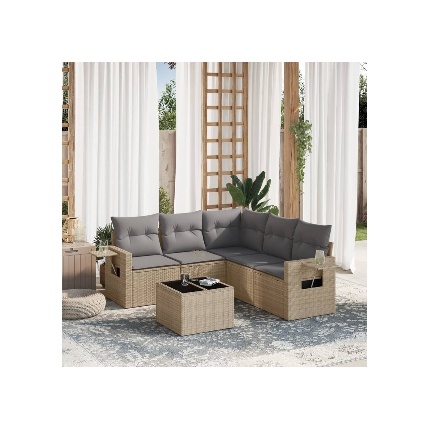 Salon de jardin avec coussins 6 pcs beige résine tressée