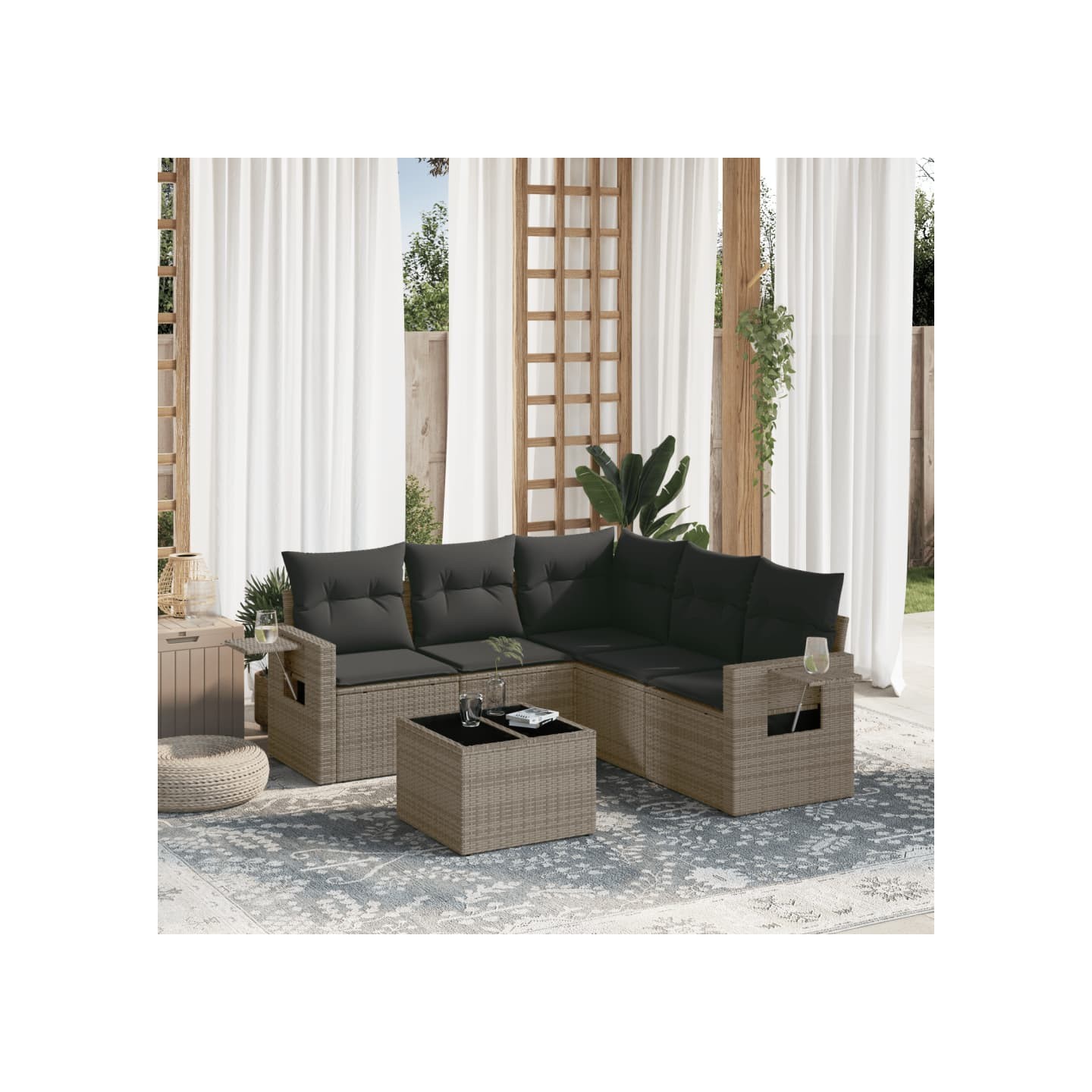 Salon de jardin 6 pcs avec coussins gris résine tressée