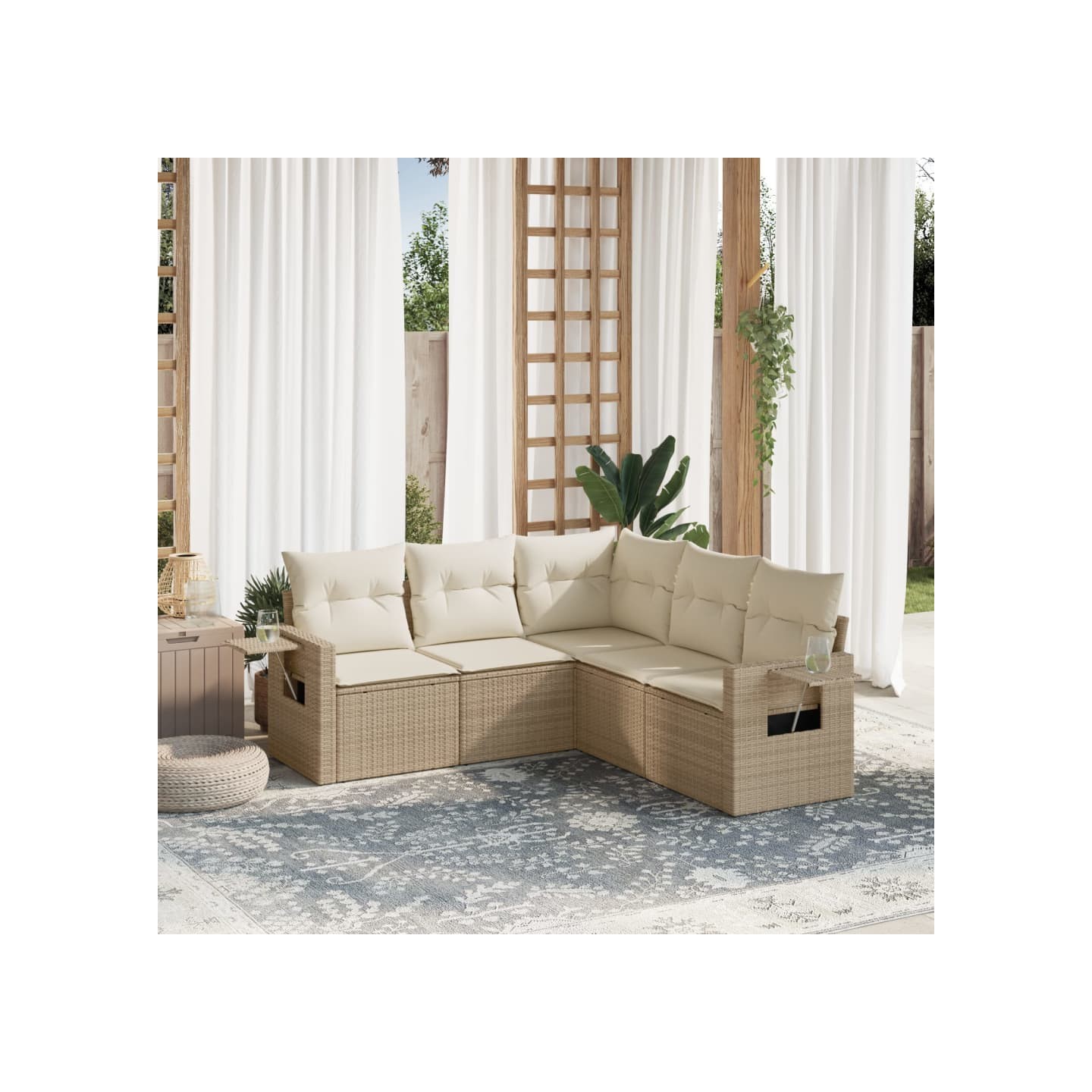 Salon de jardin avec coussins 5 pcs beige résine tressée