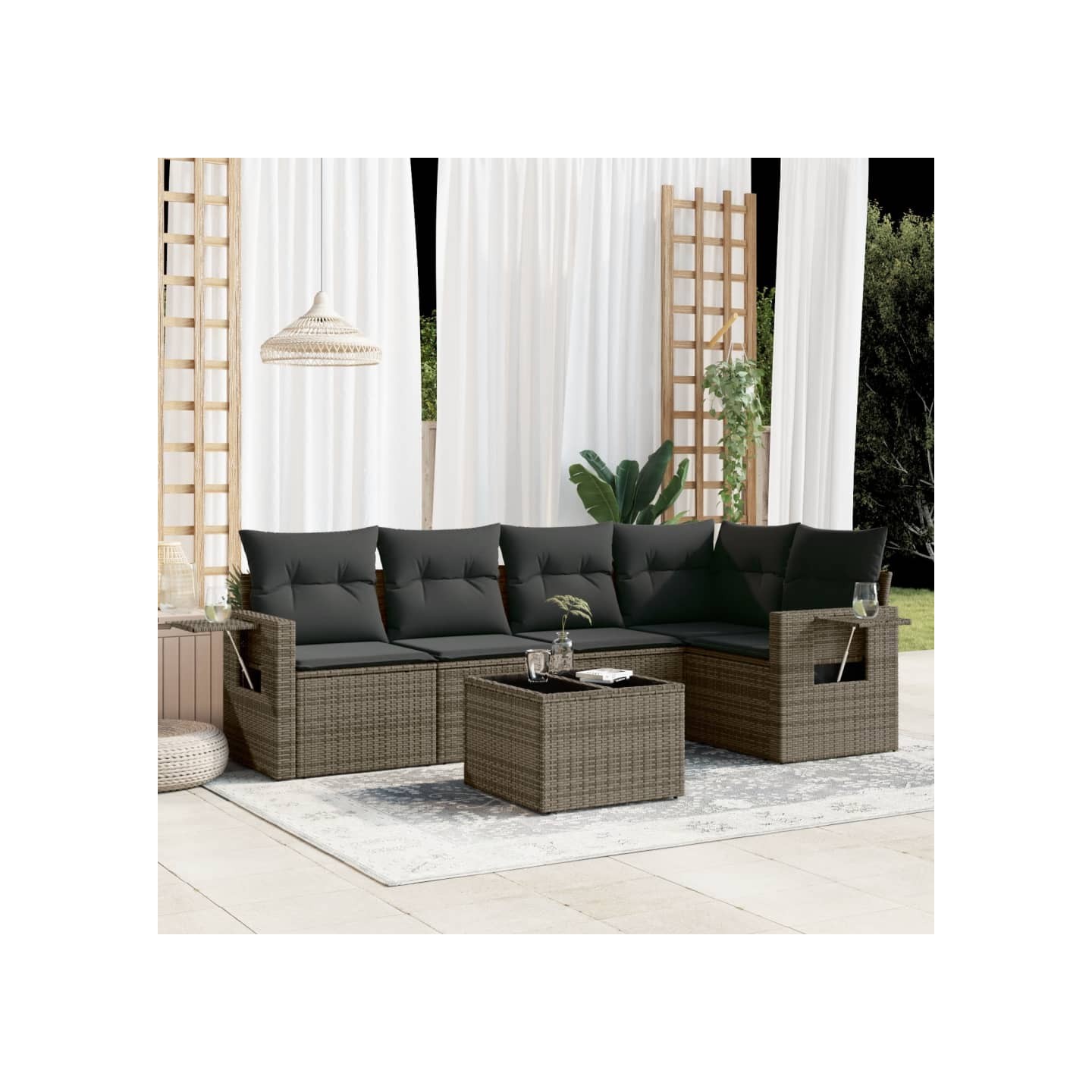 Salon de jardin 6 pcs avec coussins gris résine tressée