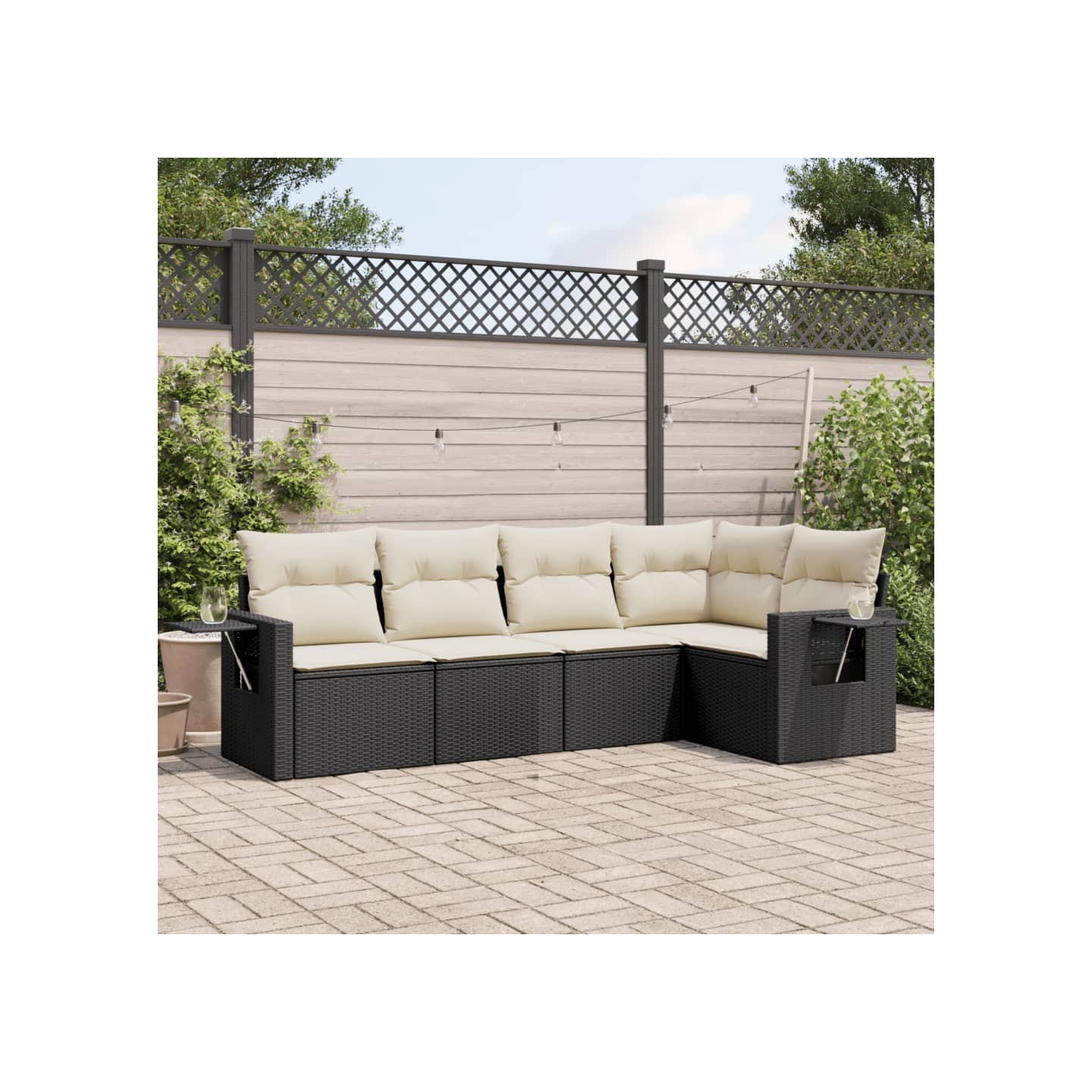 Salon de jardin 5 pcs avec coussins noir résine tressée