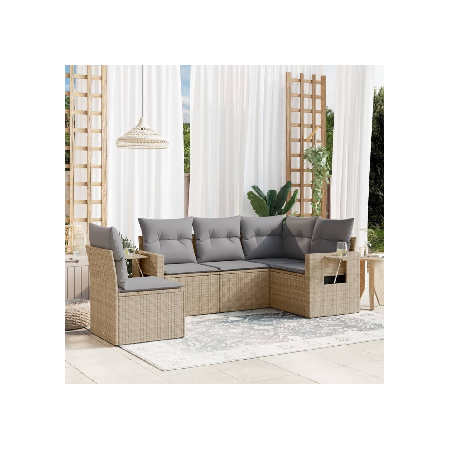 Salon de jardin avec coussins 5 pcs beige résine tressée