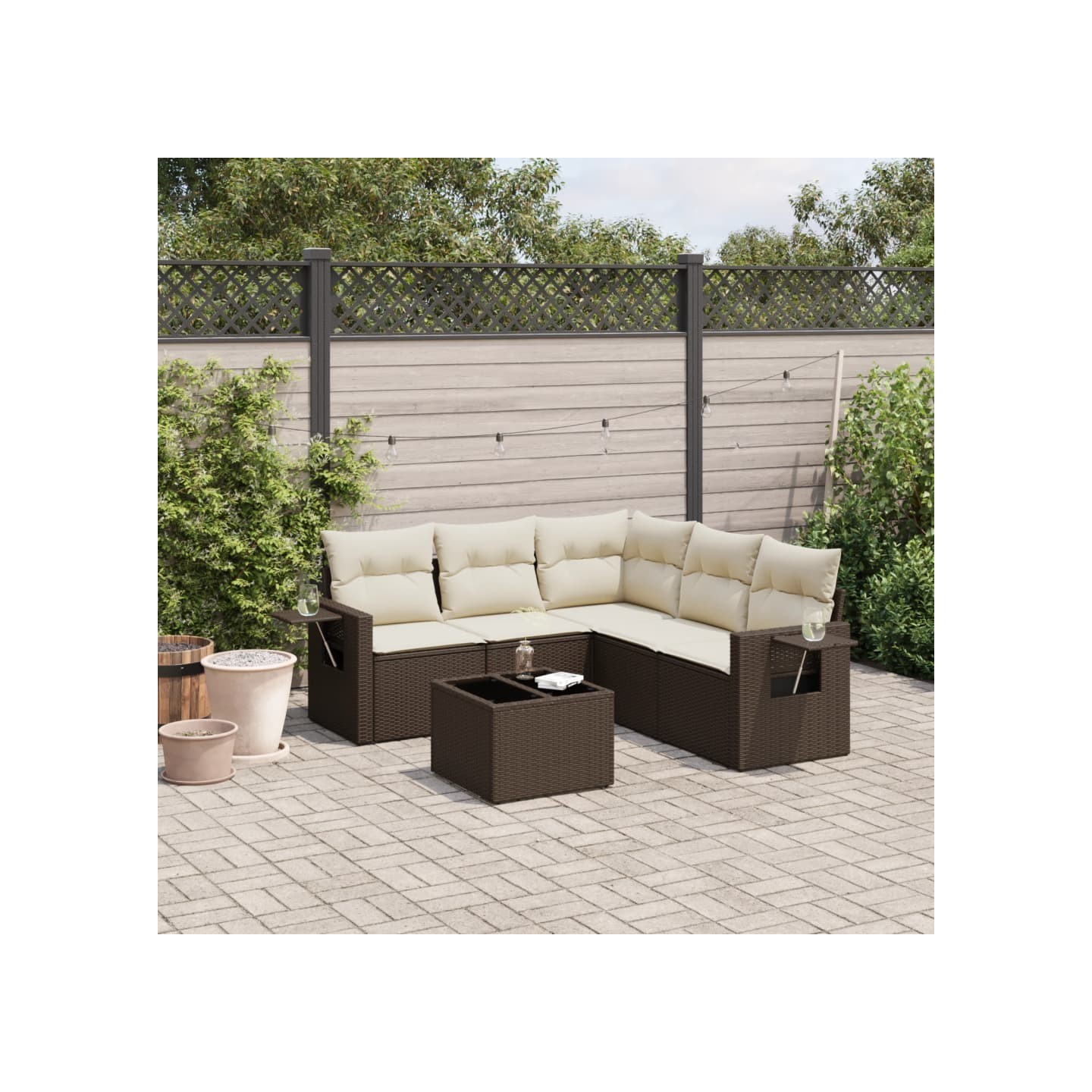 Salon de jardin avec coussins 6 pcs marron résine tressée
