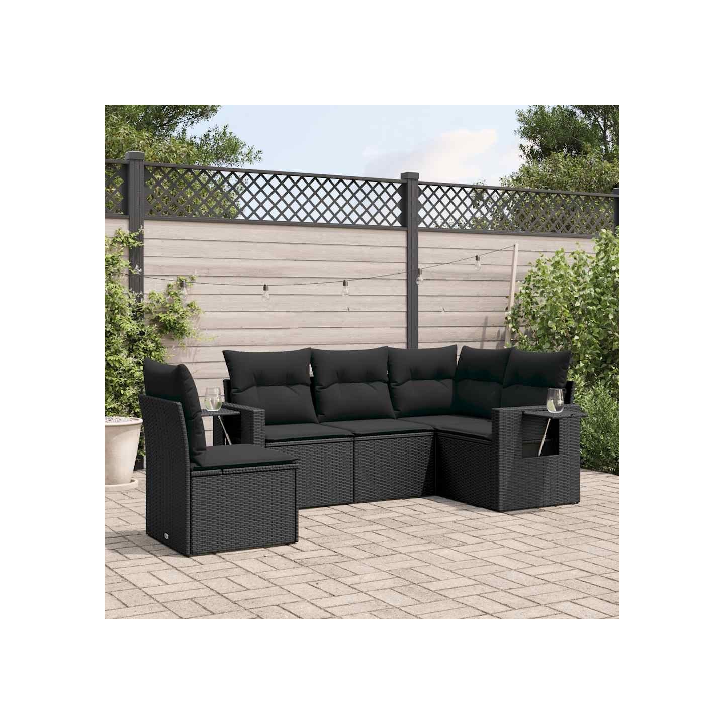 Salon de jardin 5 pcs avec coussins noir résine tressée