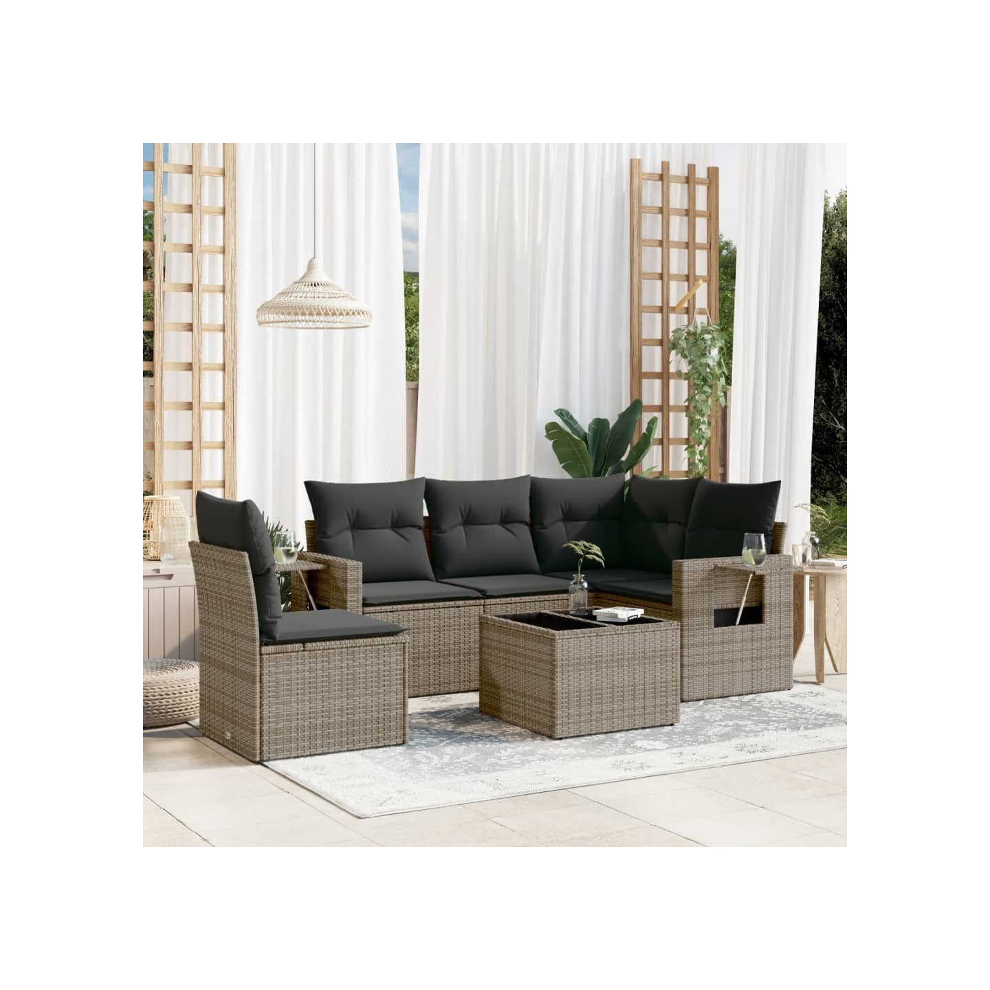 Salon de jardin 6 pcs avec coussins gris résine tressée