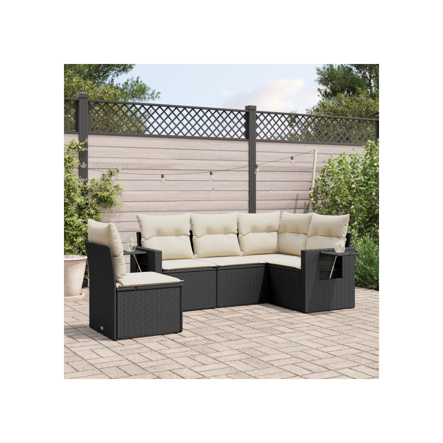 Salon de jardin 5 pcs avec coussins noir résine tressée