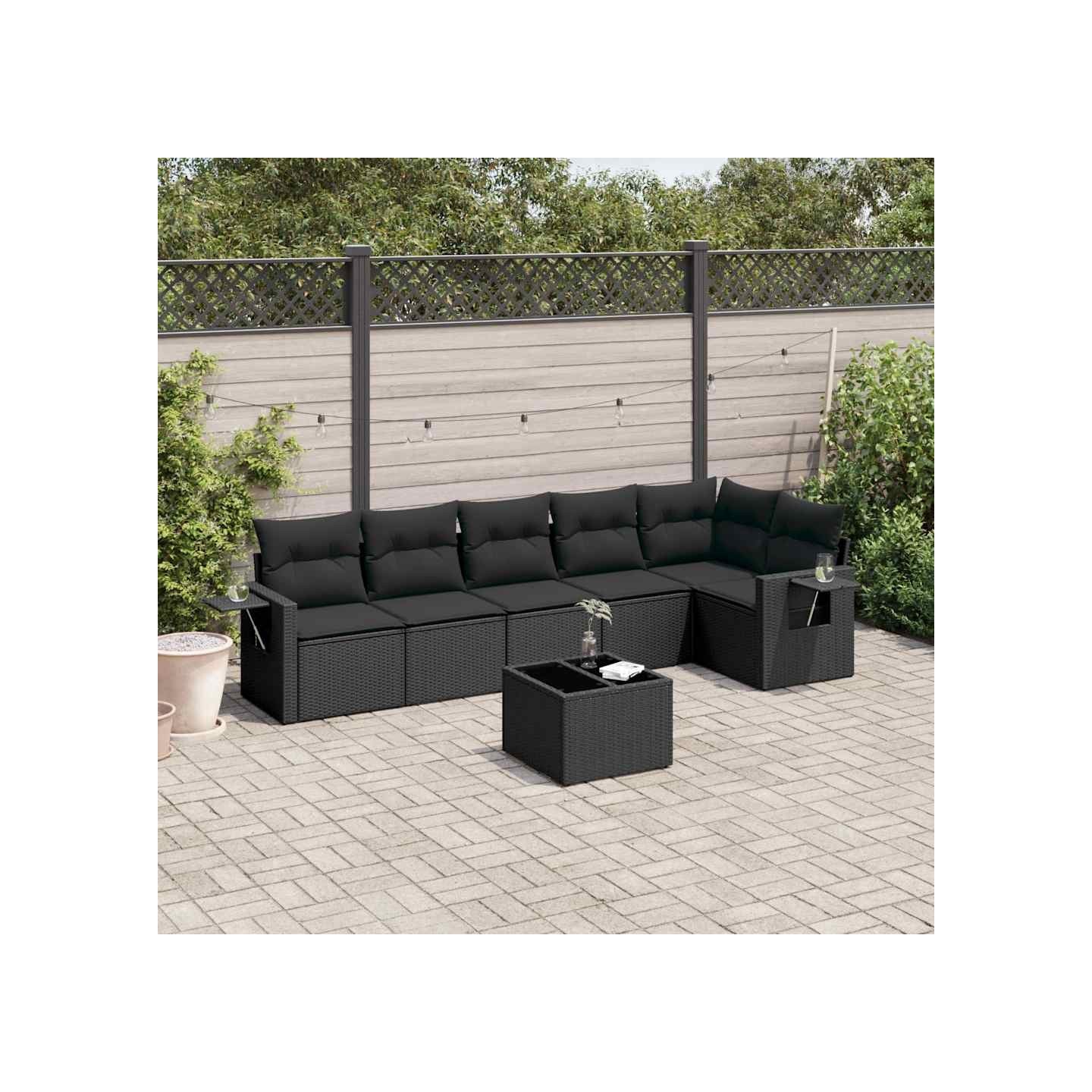 Salon de jardin 7 pcs avec coussins noir résine tressée