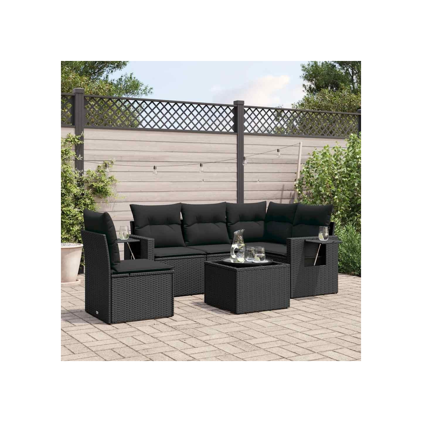 Salon de jardin 6 pcs avec coussins noir résine tressée