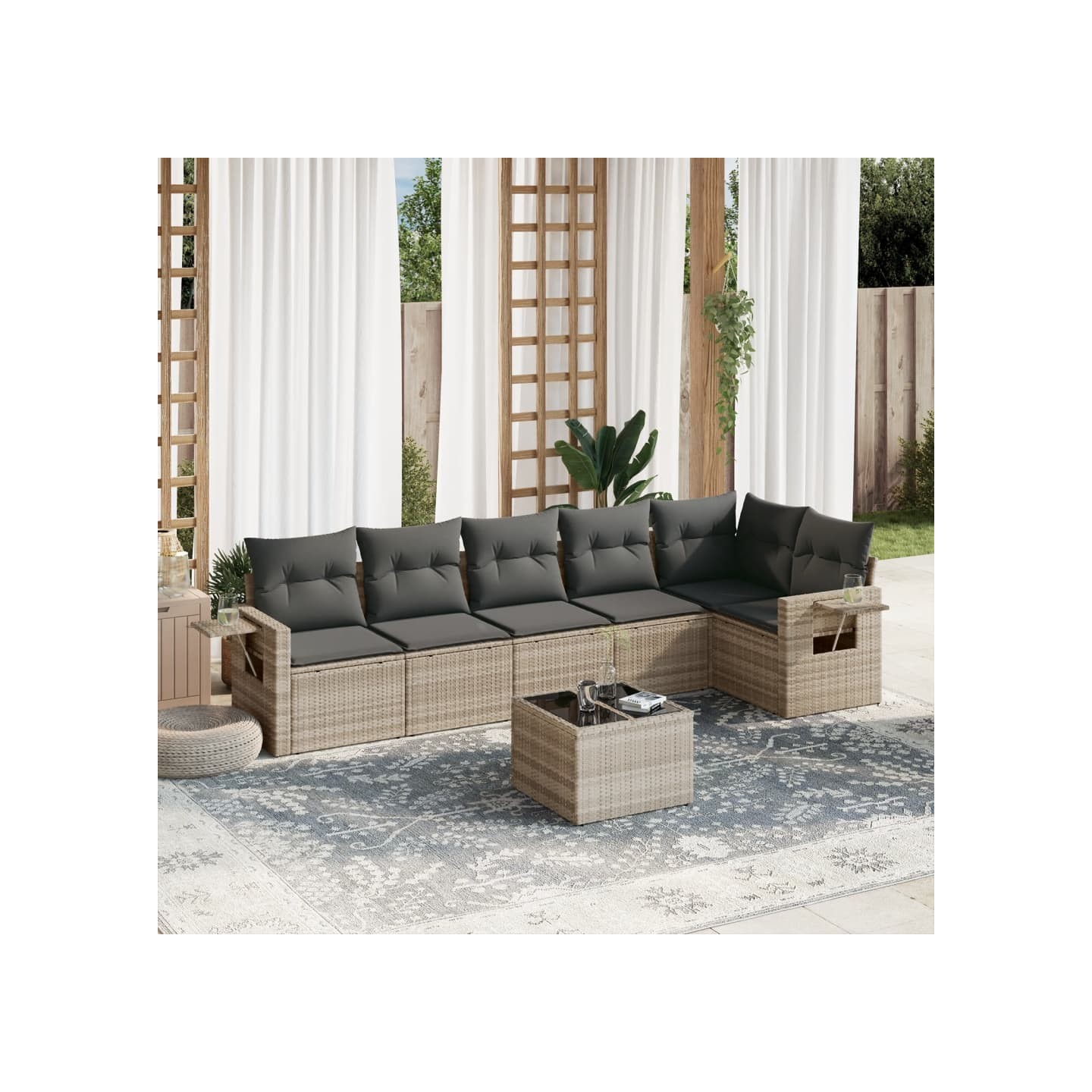 Salon de jardin avec coussins 7 pcs gris clair résine tressée