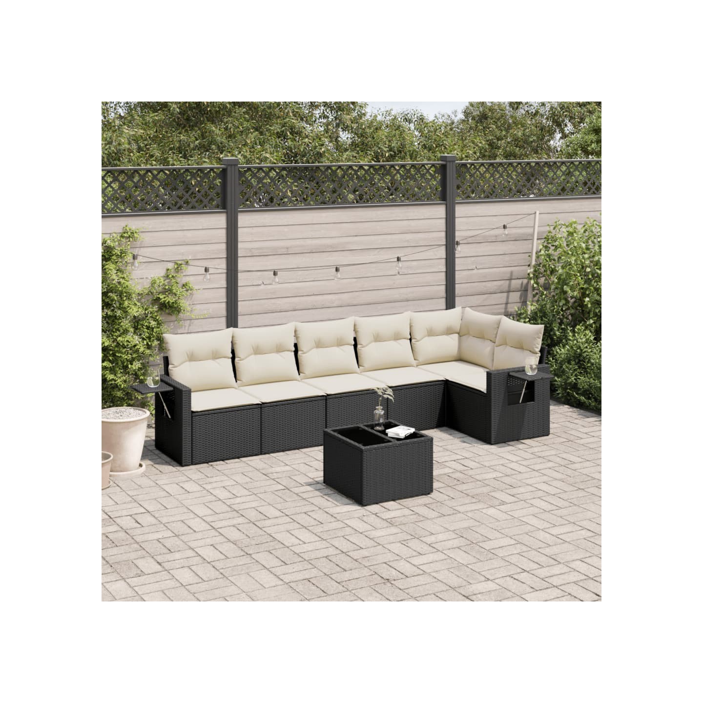 Salon de jardin 7 pcs avec coussins noir résine tressée