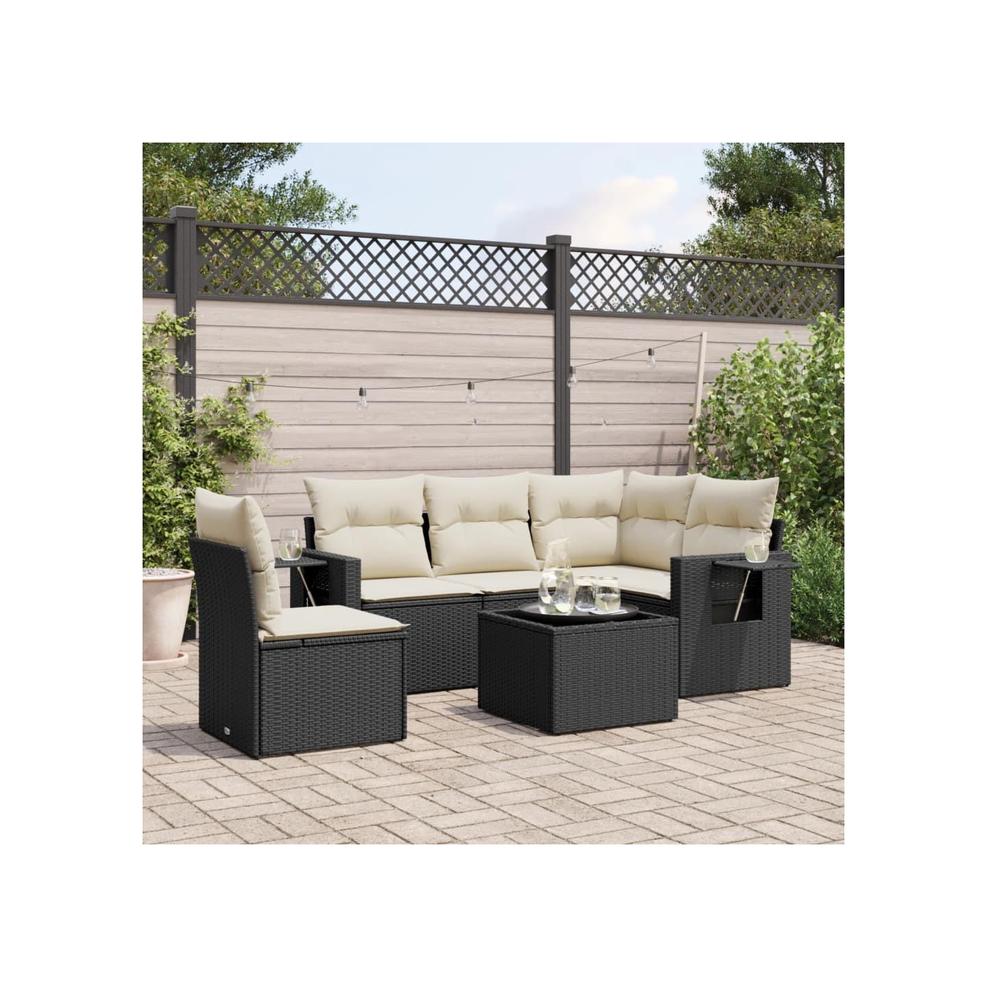 Salon de jardin 6 pcs avec coussins noir résine tressée