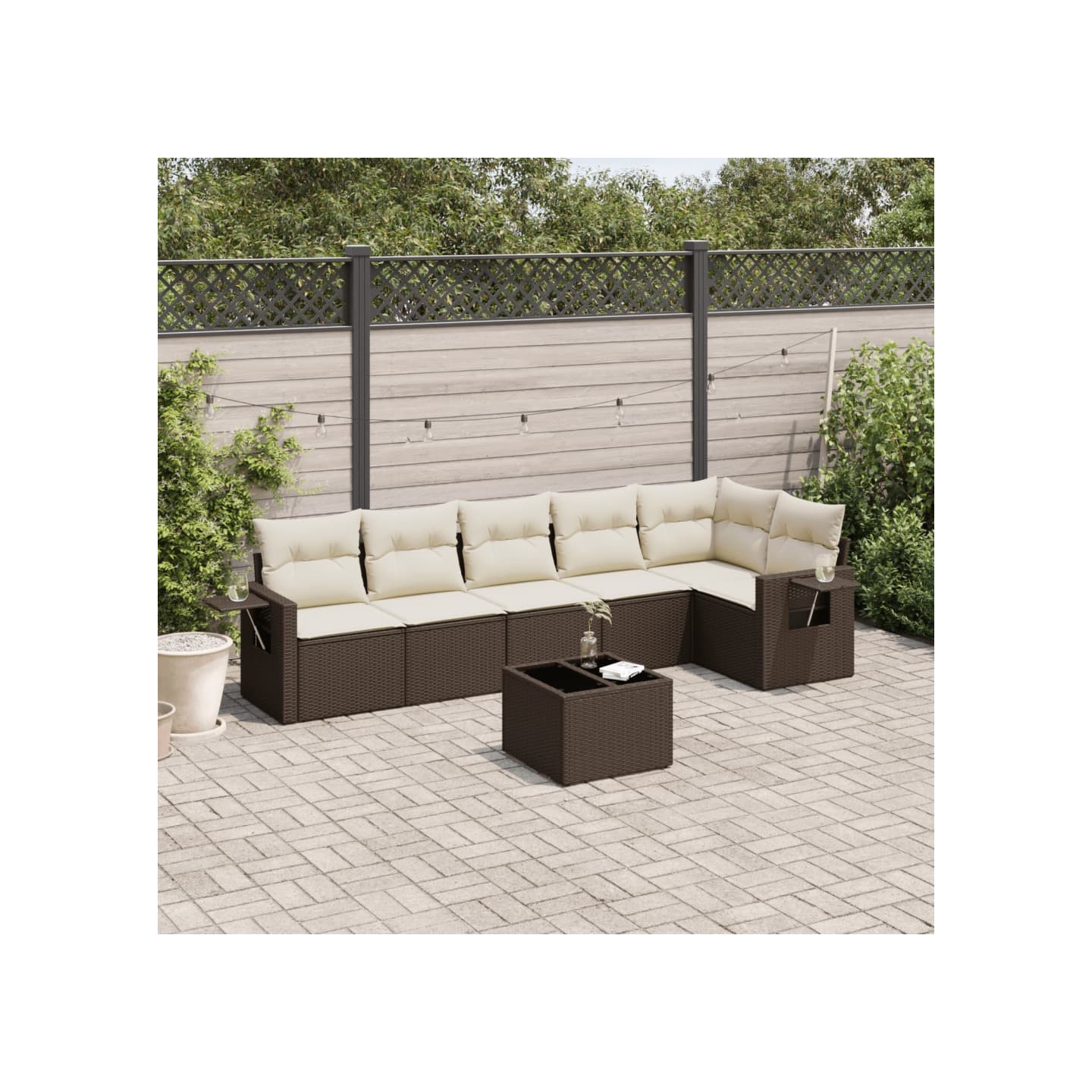Salon de jardin avec coussins 7 pcs marron résine tressée