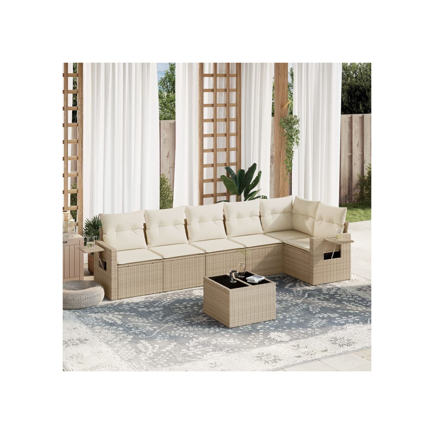 Salon de jardin avec coussins 7 pcs beige résine tressée
