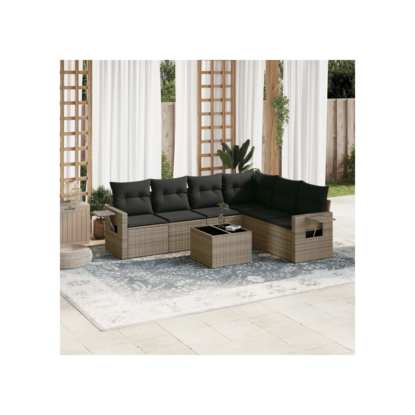 Salon de jardin avec coussins 7 pcs gris résine tressée