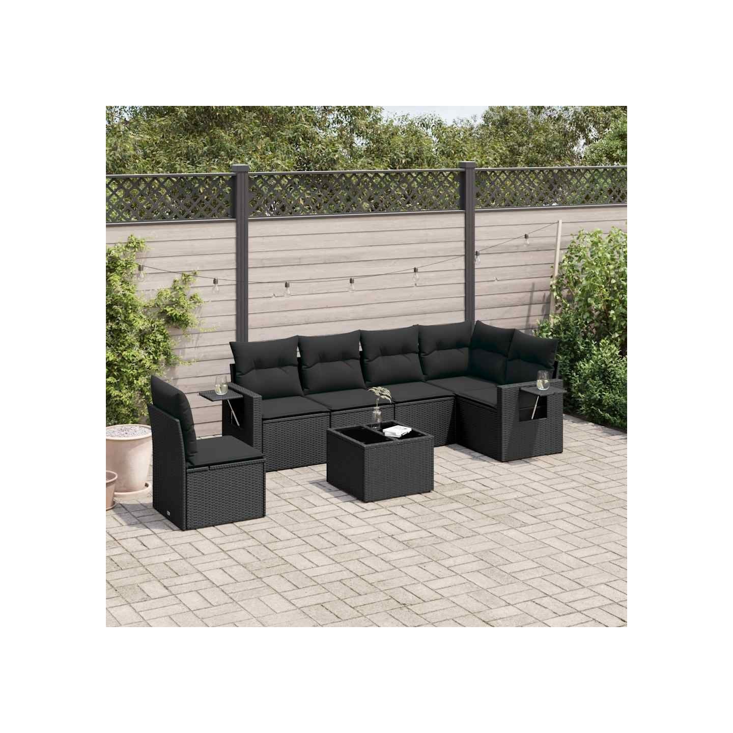 Salon de jardin 7 pcs avec coussins noir résine tressée