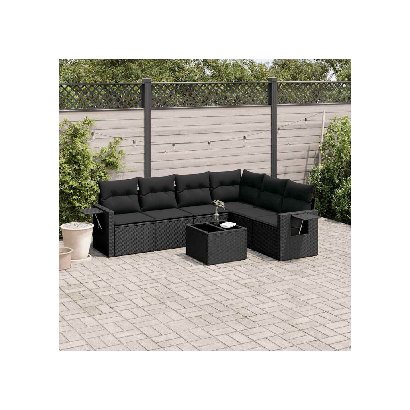 Salon de jardin 7 pcs avec coussins noir résine tressée
