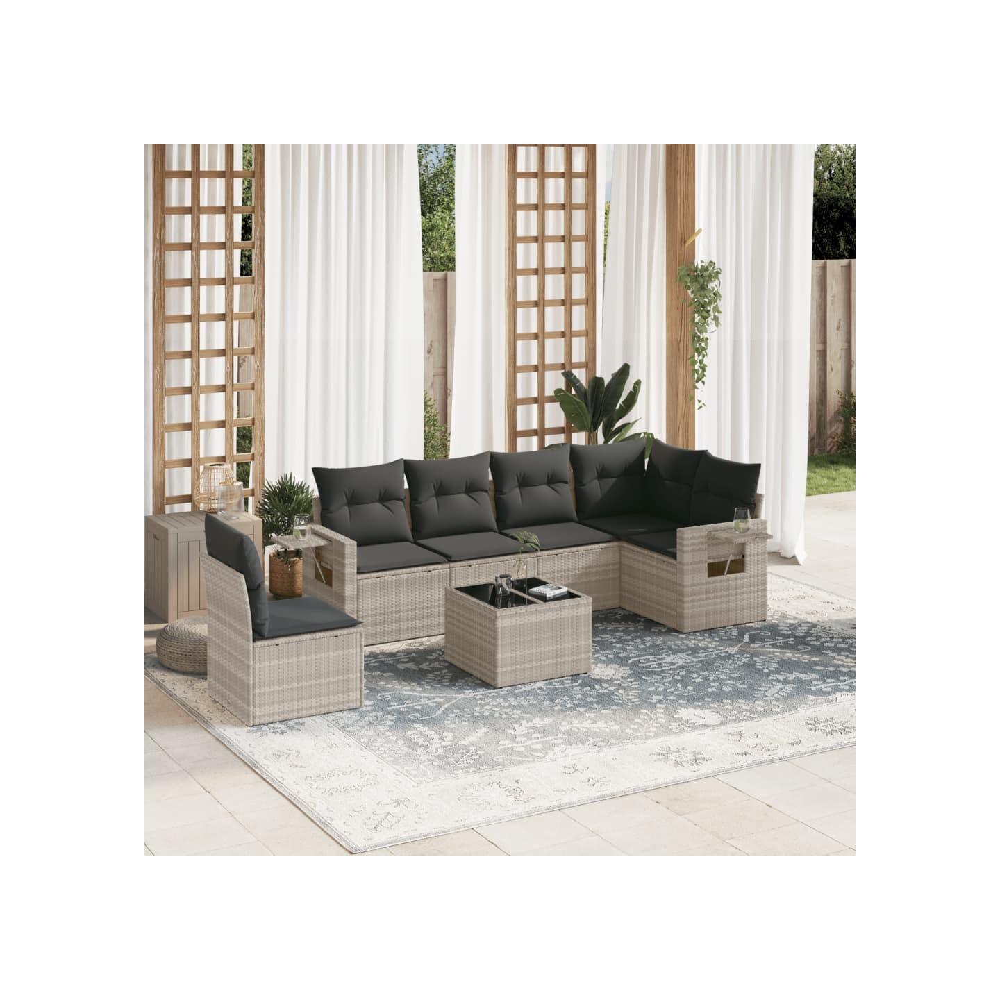 Salon de jardin avec coussins 7 pcs gris clair résine tressée