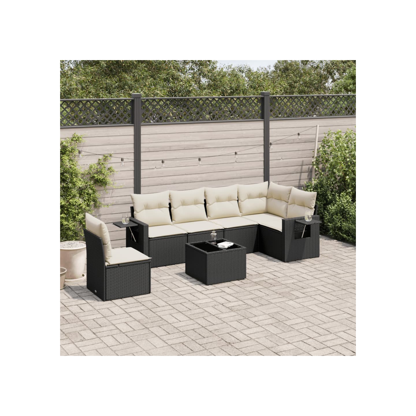 Salon de jardin 7 pcs avec coussins noir résine tressée