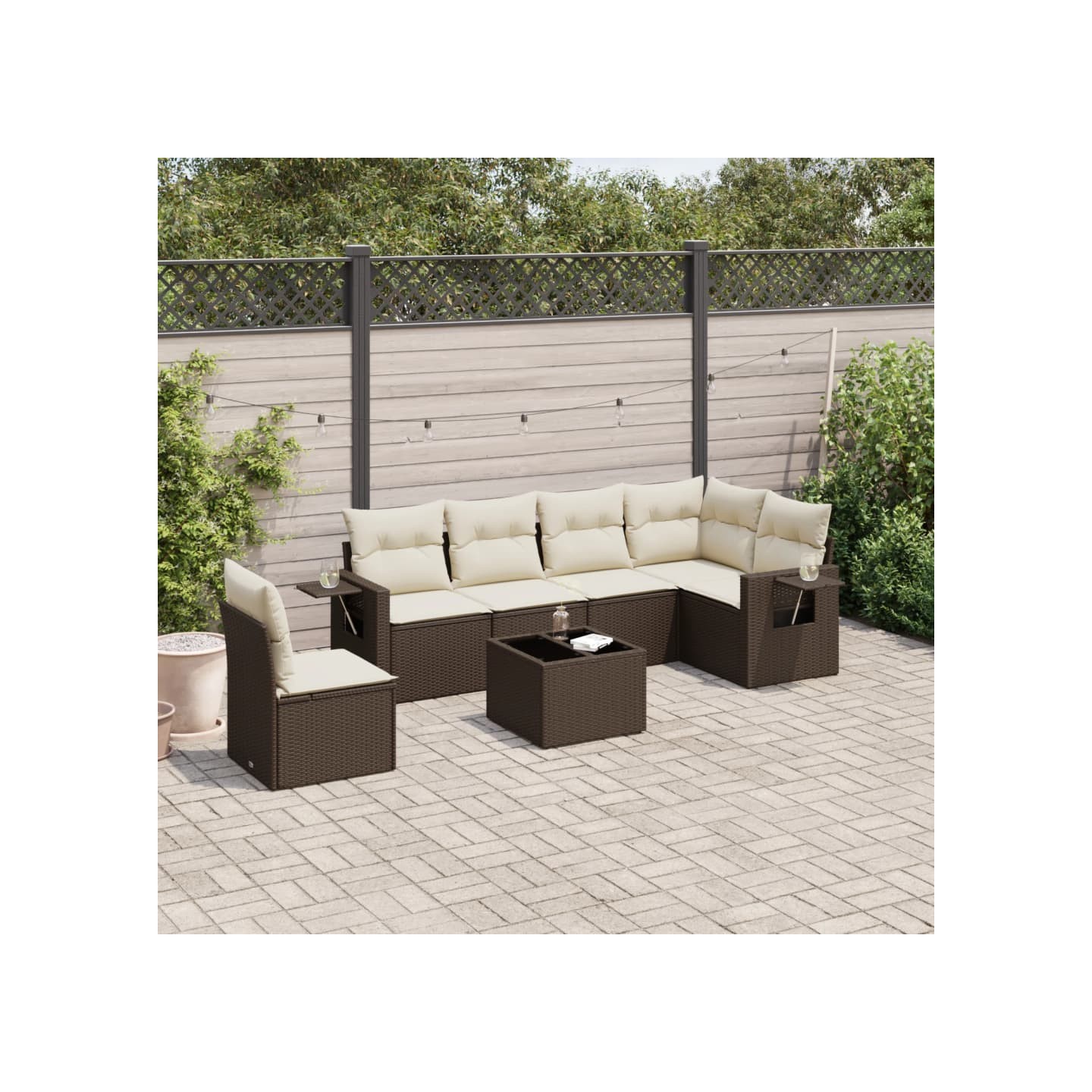 Salon de jardin avec coussins 7 pcs marron résine tressée