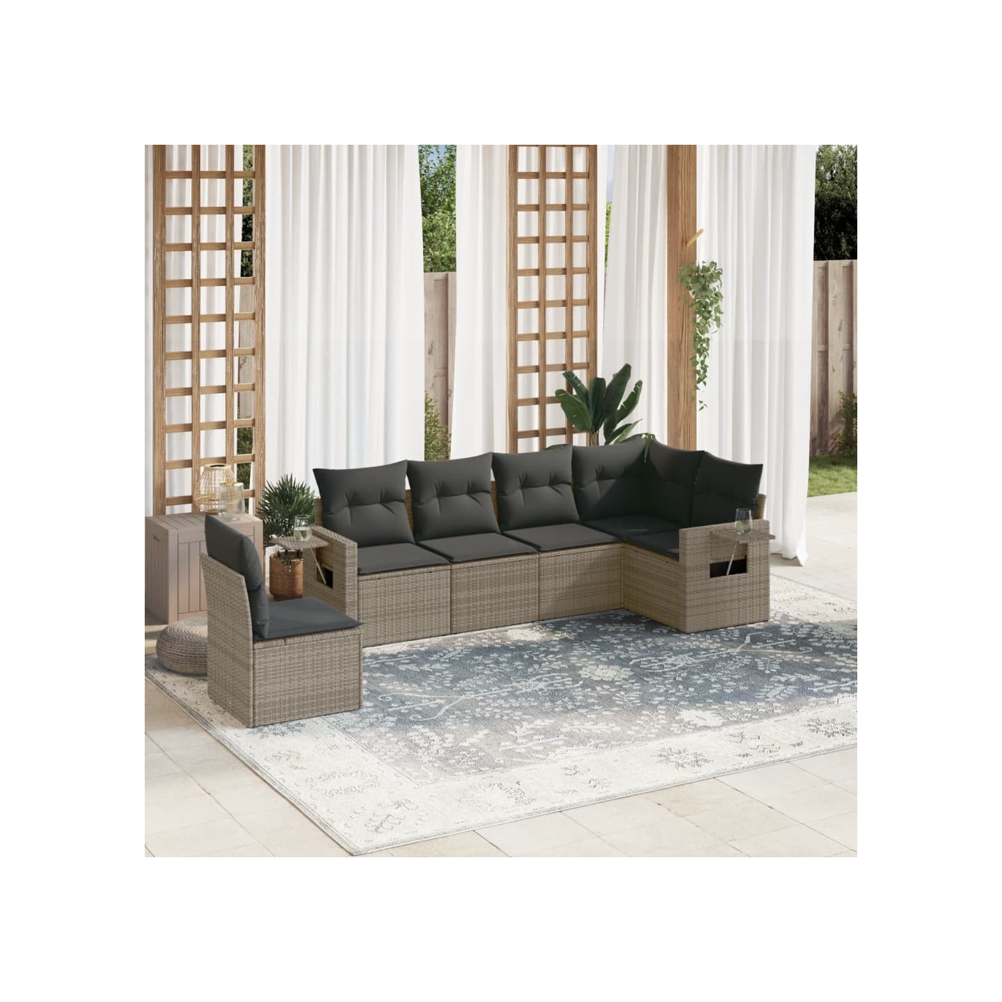 Salon de jardin 6 pcs avec coussins gris résine tressée