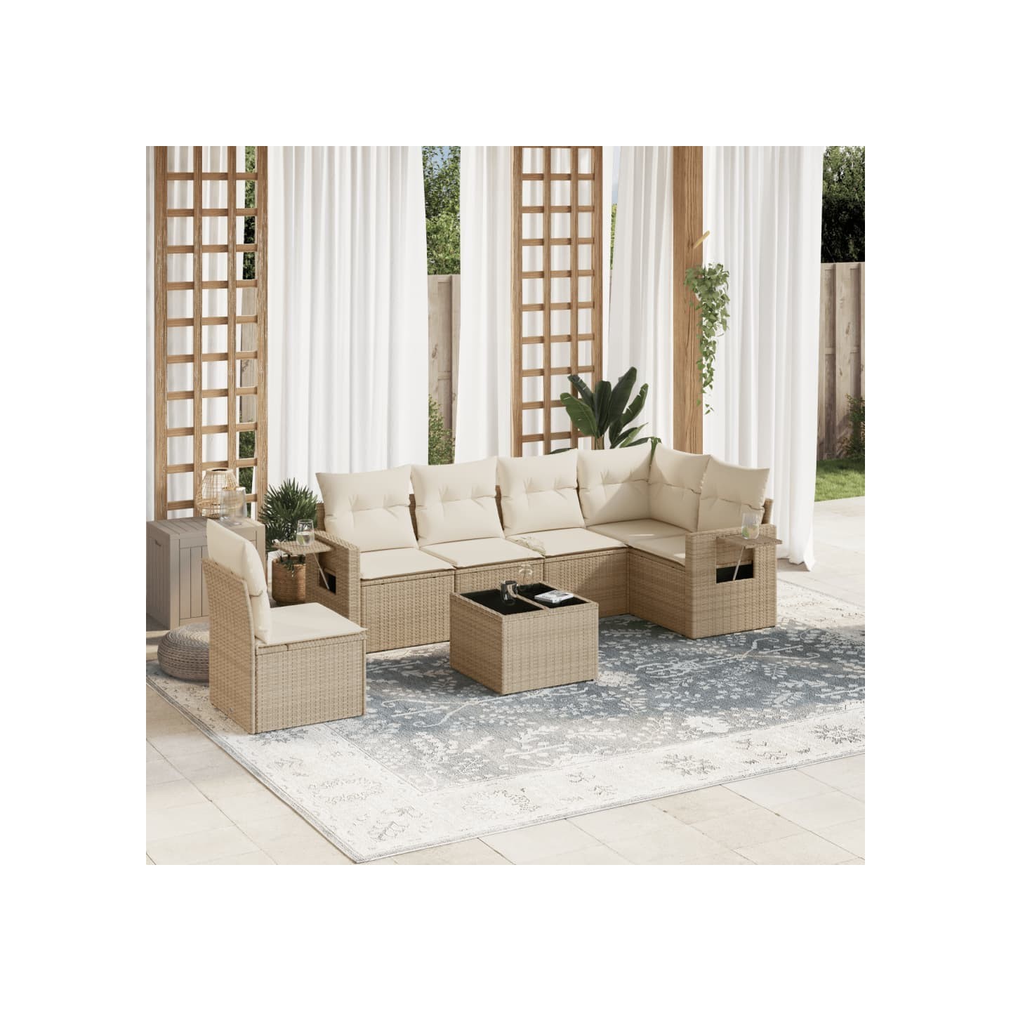 Salon de jardin avec coussins 7 pcs beige résine tressée