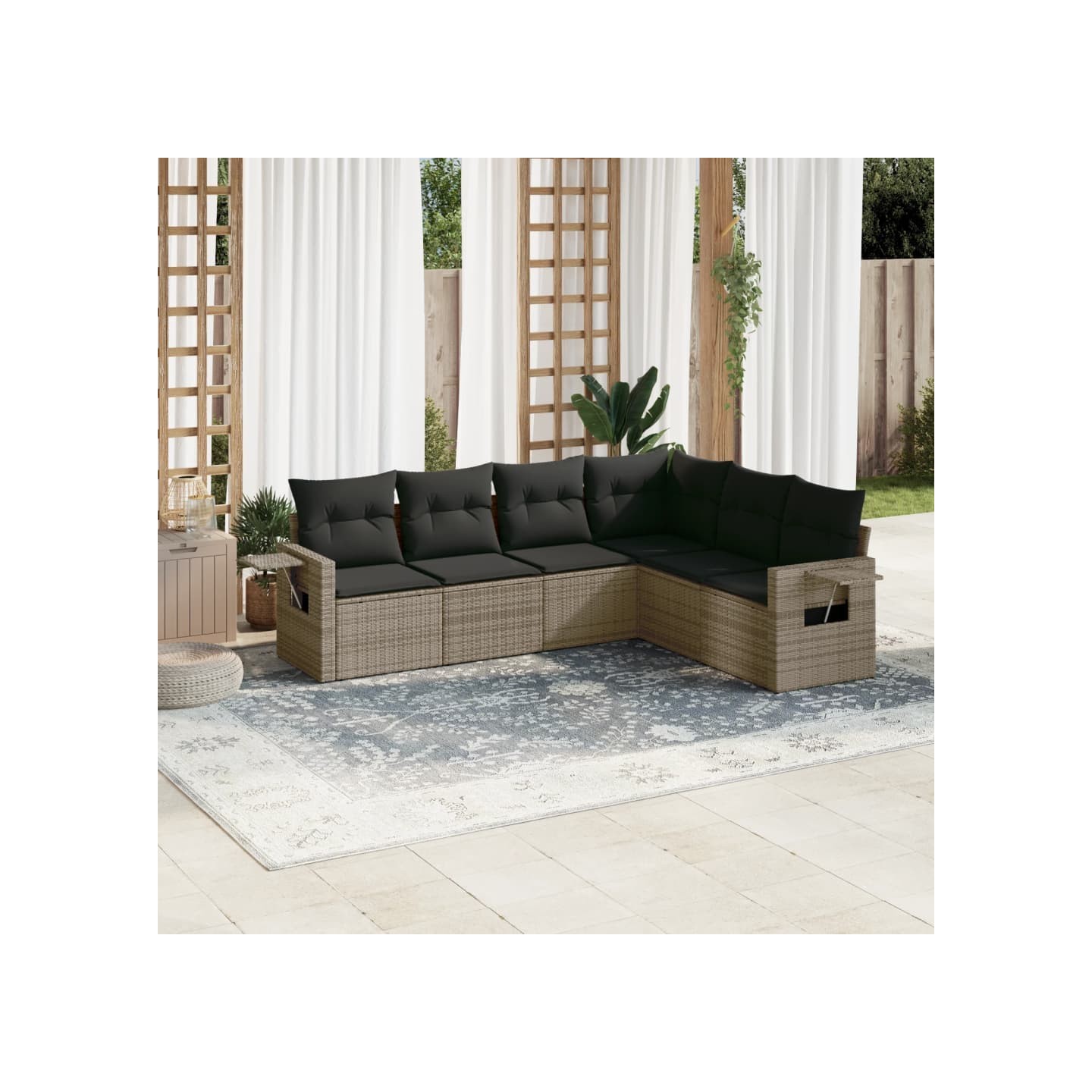 Salon de jardin 6 pcs avec coussins gris résine tressée