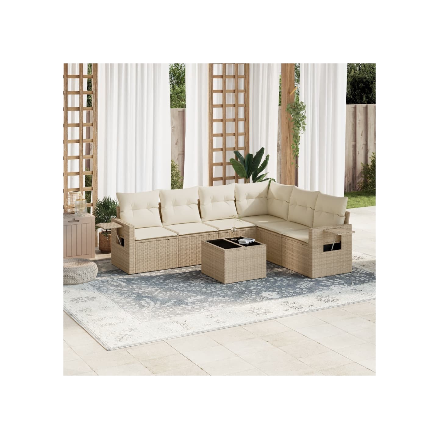 Salon de jardin avec coussins 7 pcs beige résine tressée