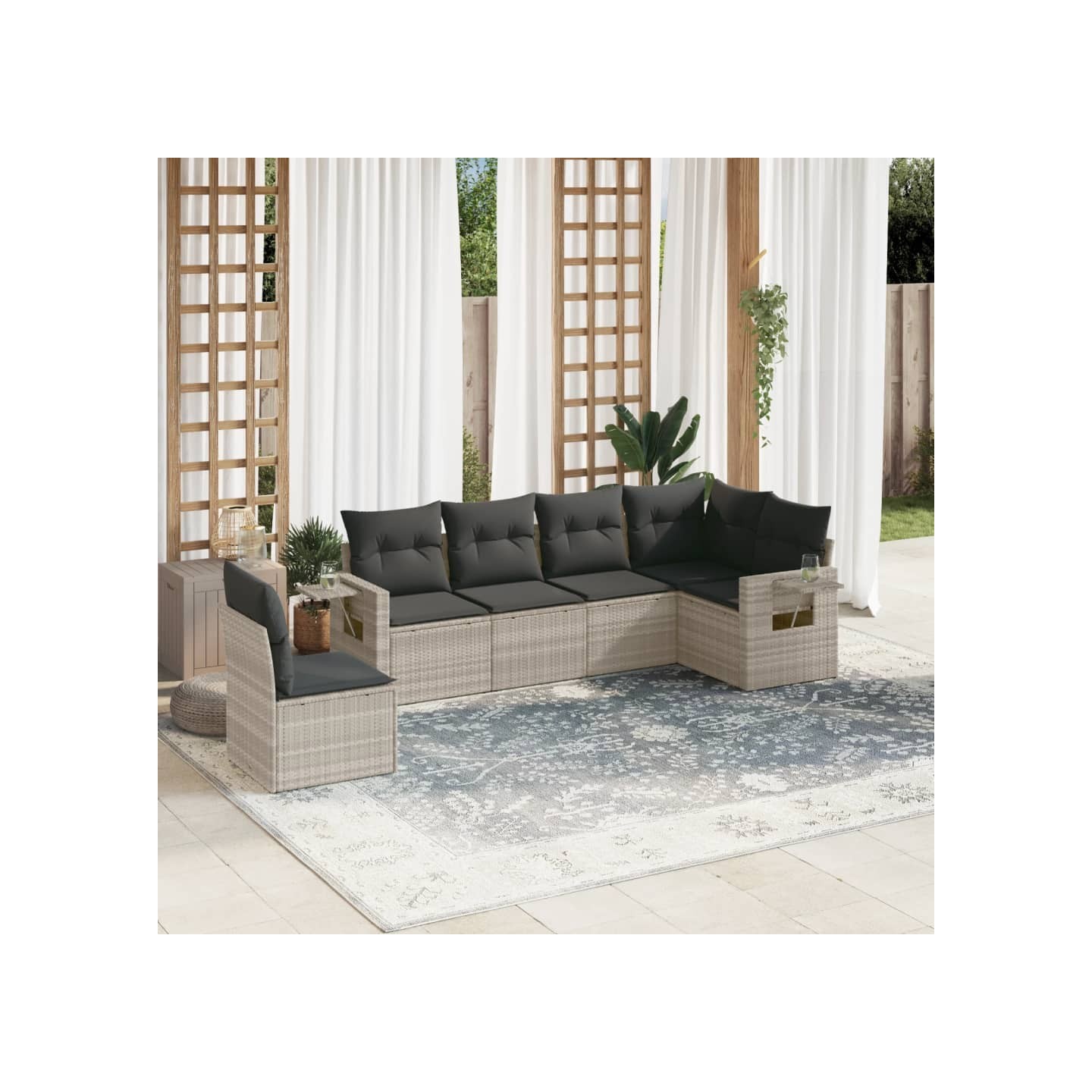 Salon de jardin 6 pcs avec coussins gris clair résine tressée