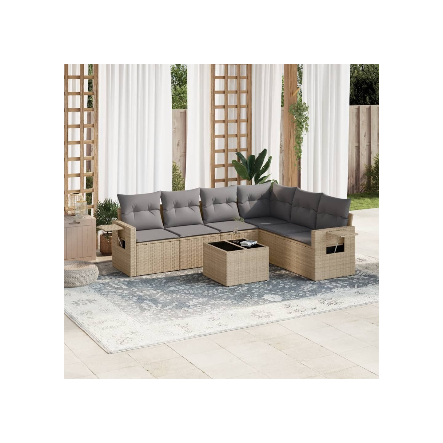 Salon de jardin avec coussins 7 pcs beige résine tressée