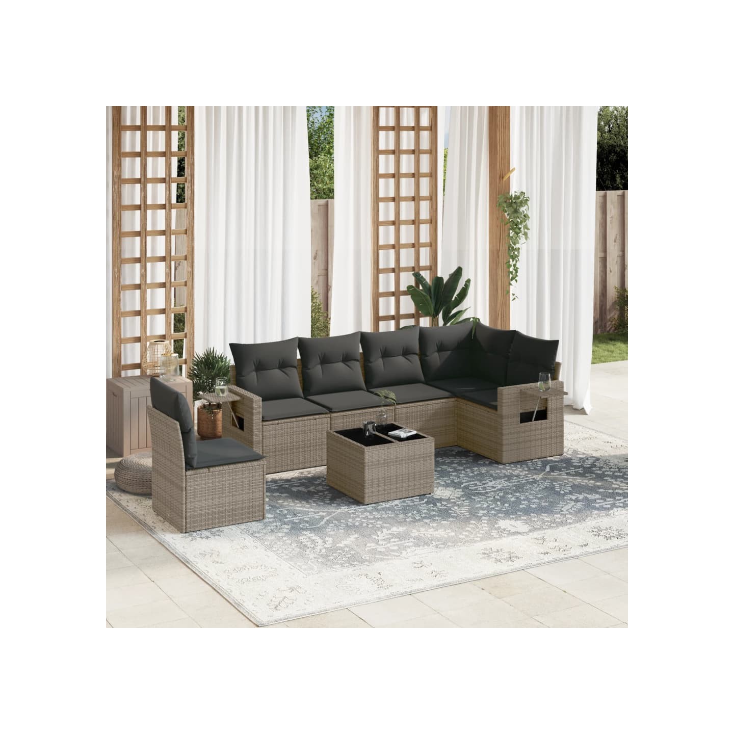 Salon de jardin avec coussins 7 pcs gris résine tressée