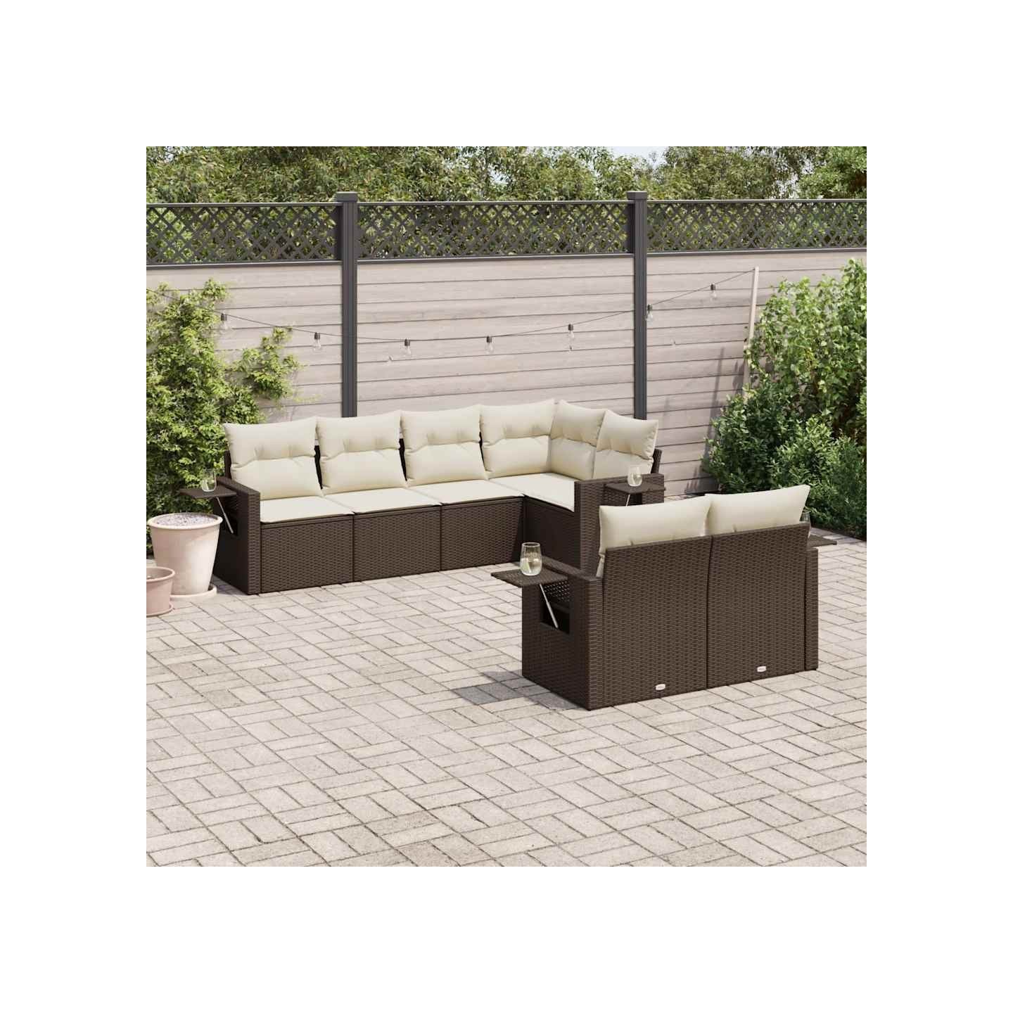 Salon de jardin avec coussins 7 pcs marron résine tressée