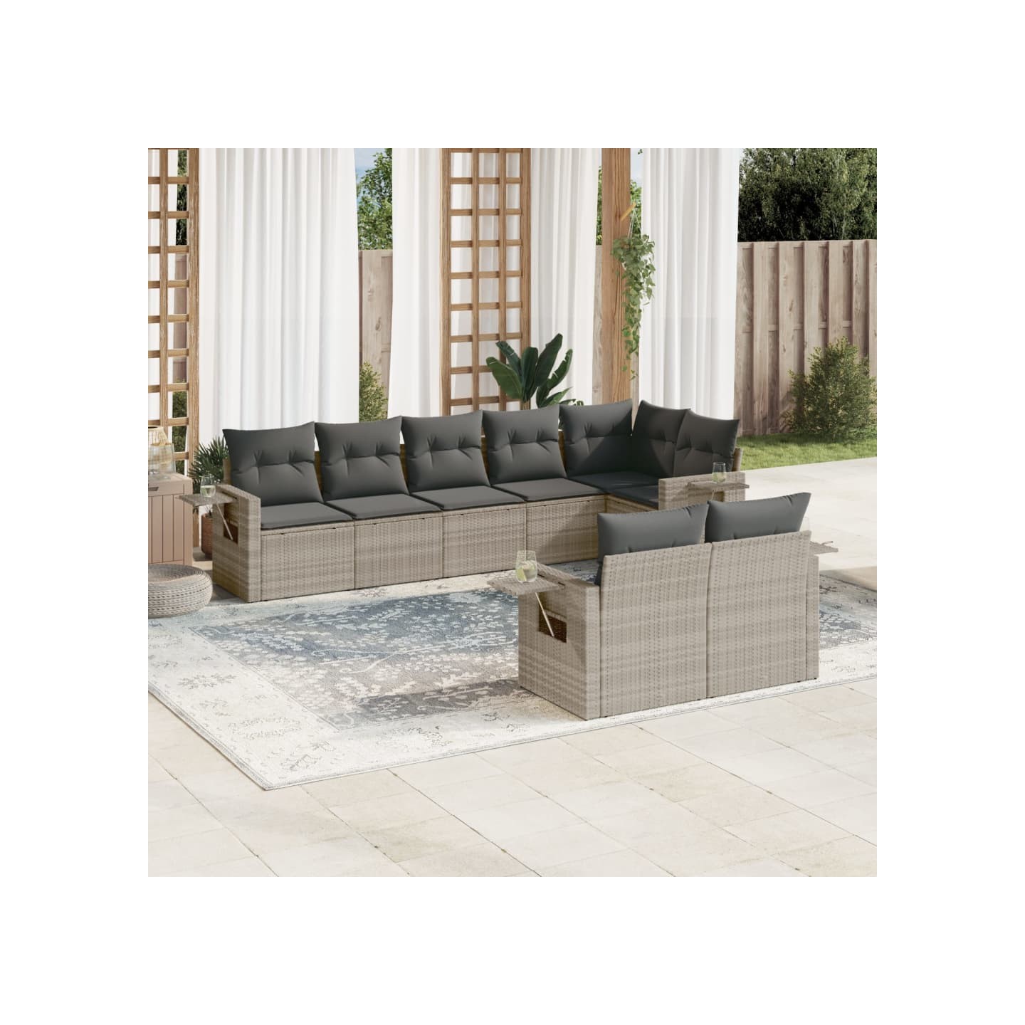 Salon de jardin 8 pcs avec coussins gris clair résine tressée