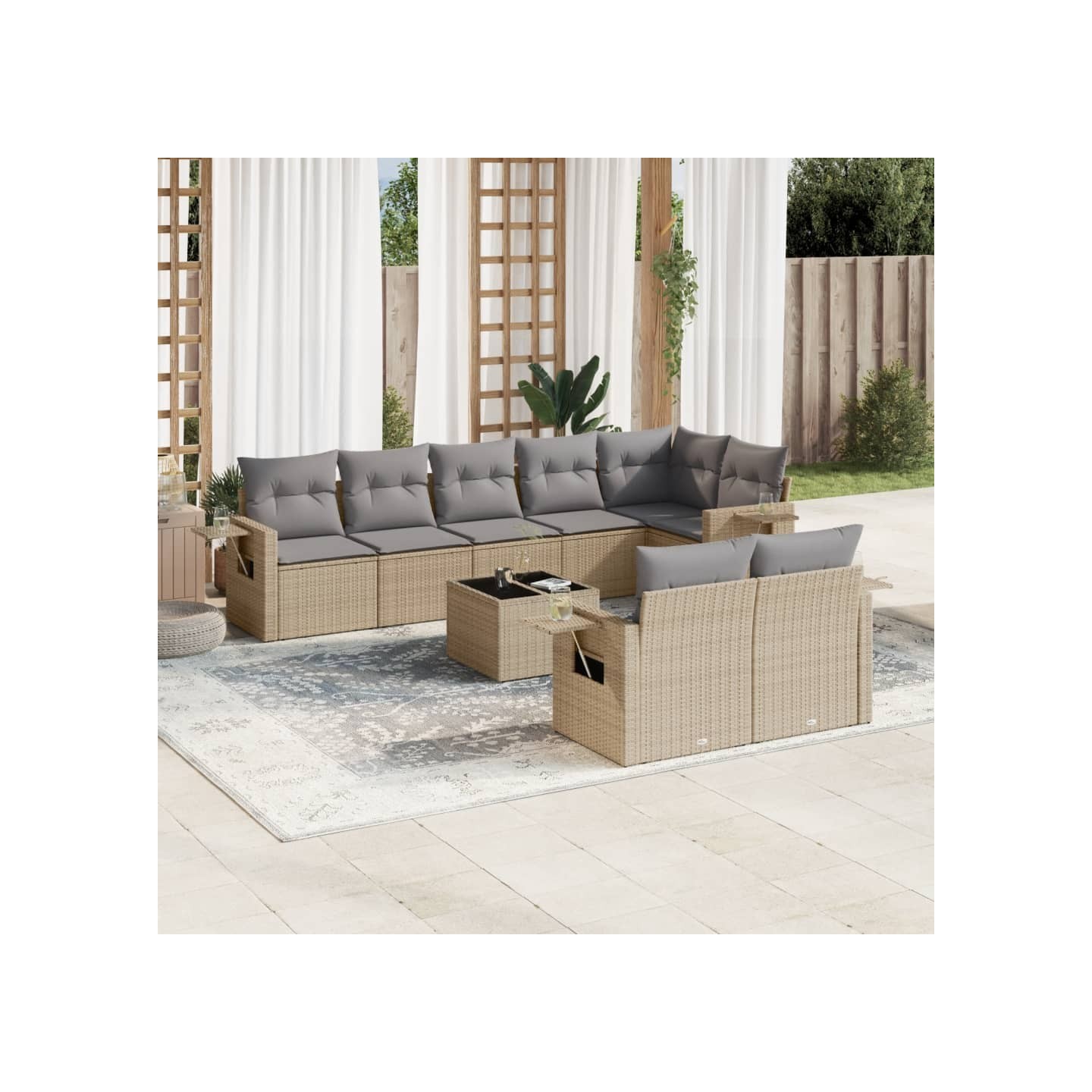 Salon de jardin avec coussins 9 pcs beige résine tressée