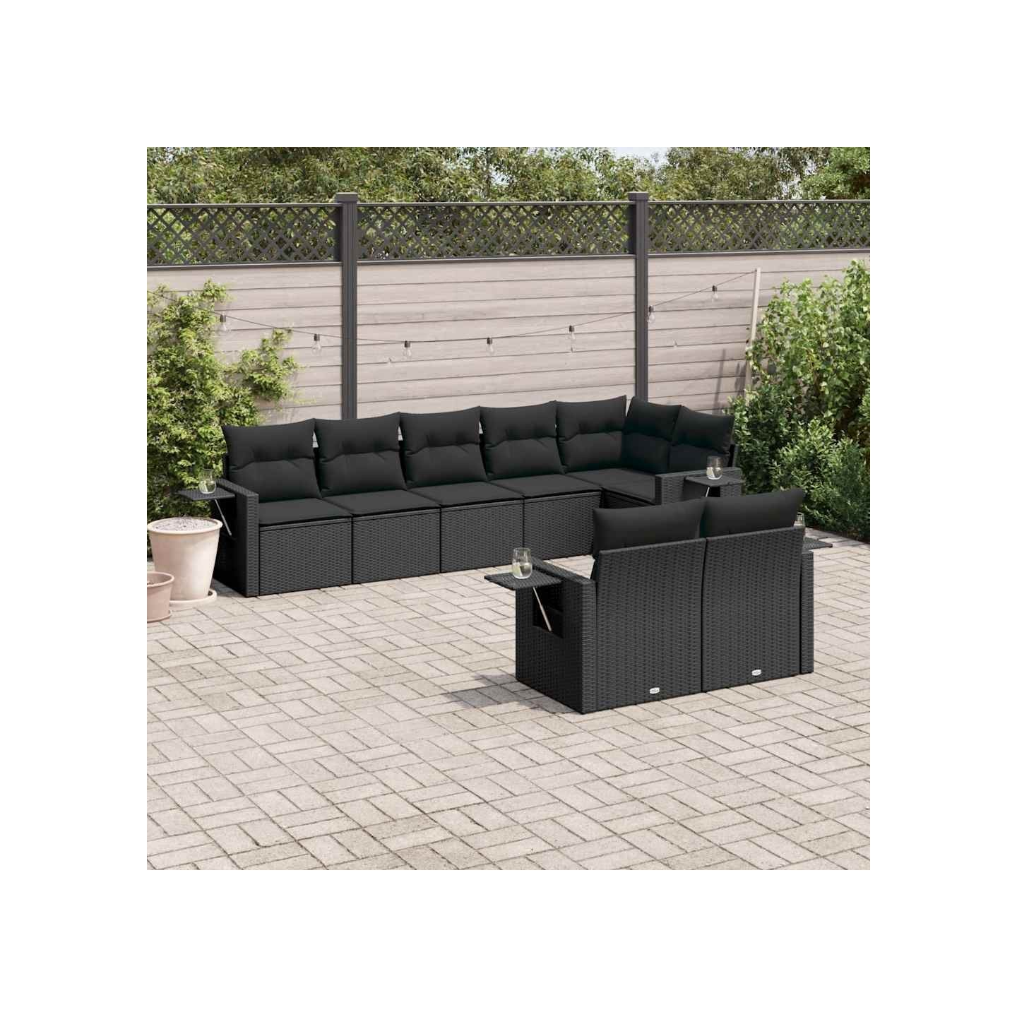 Salon de jardin 8 pcs avec coussins noir résine tressée